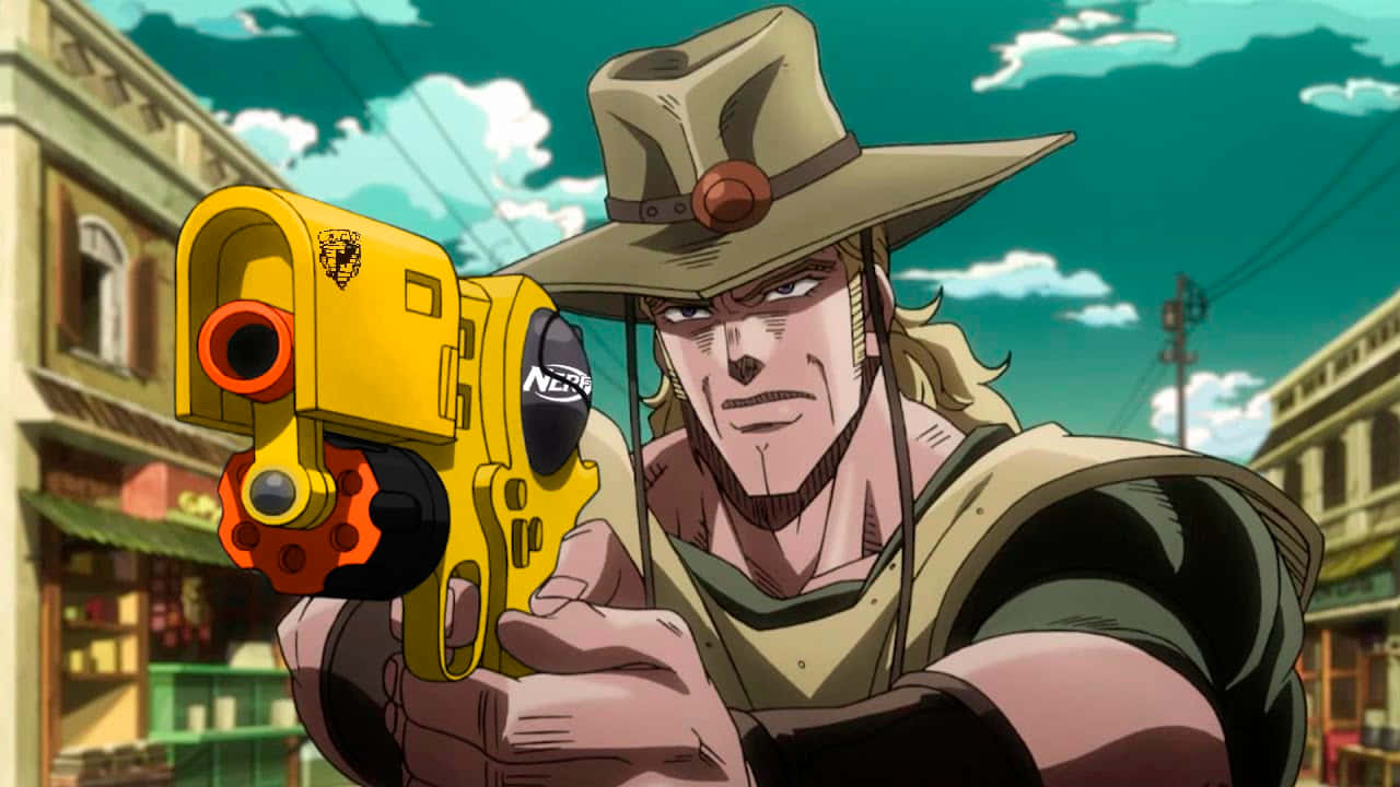 Hol Horse 桌布 壁紙 — 一個戴著牛仔帽的堅定動漫男子，在陽光明媚的街道上將一把亮黃色的Nerf槍瞄準觀眾。