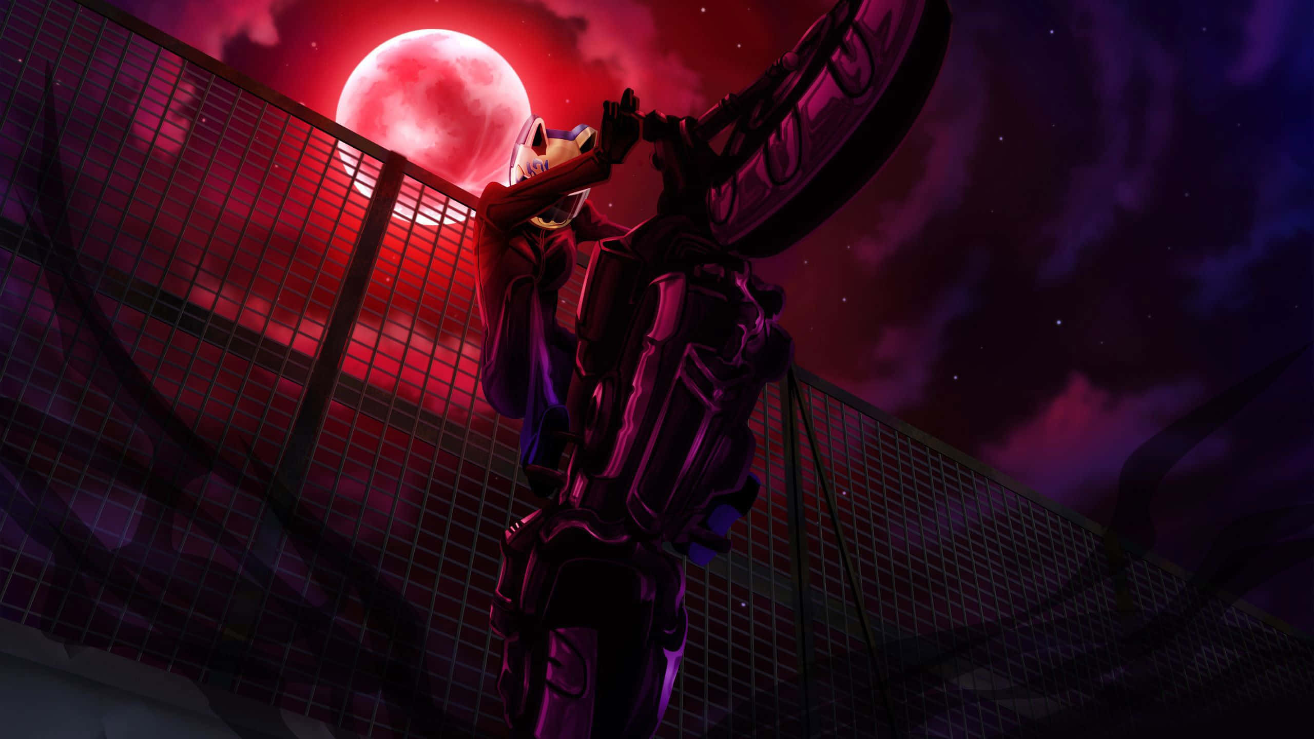 durarara 桌布 壁紙 — 一個戴著狐狸面具、身穿暗色鎧甲的動漫角色，站在圍欄上，背景是星光閃爍的紫色天空和一輪發光的紅月。