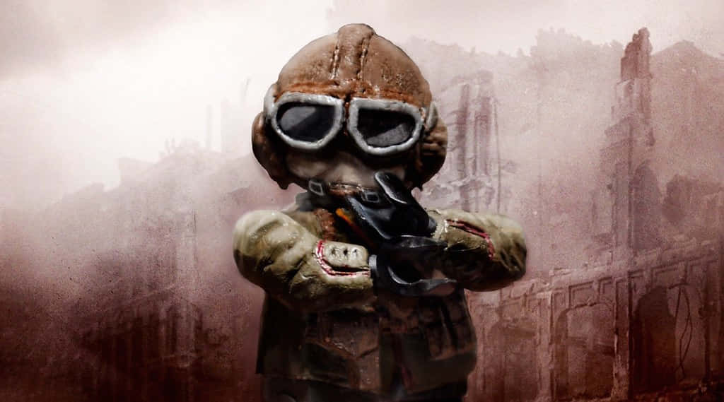 Rainbow Six Siege Jager 桌布 壁紙 — 一個戴著生鏽飛行員頭盔和護目鏡的小孩，在煙霧瀰漫的廢墟城市景觀中手持槍支。