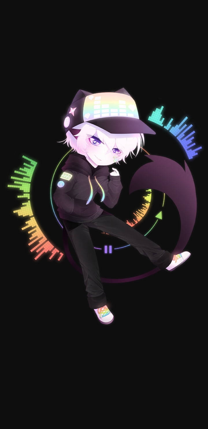DJ Rad Gacha Club 壁紙 — 一個戴著發光帽子和連帽衫的Q版動漫角色，在黑色背景上色彩繽紛的音頻波視覺效果中跳舞。