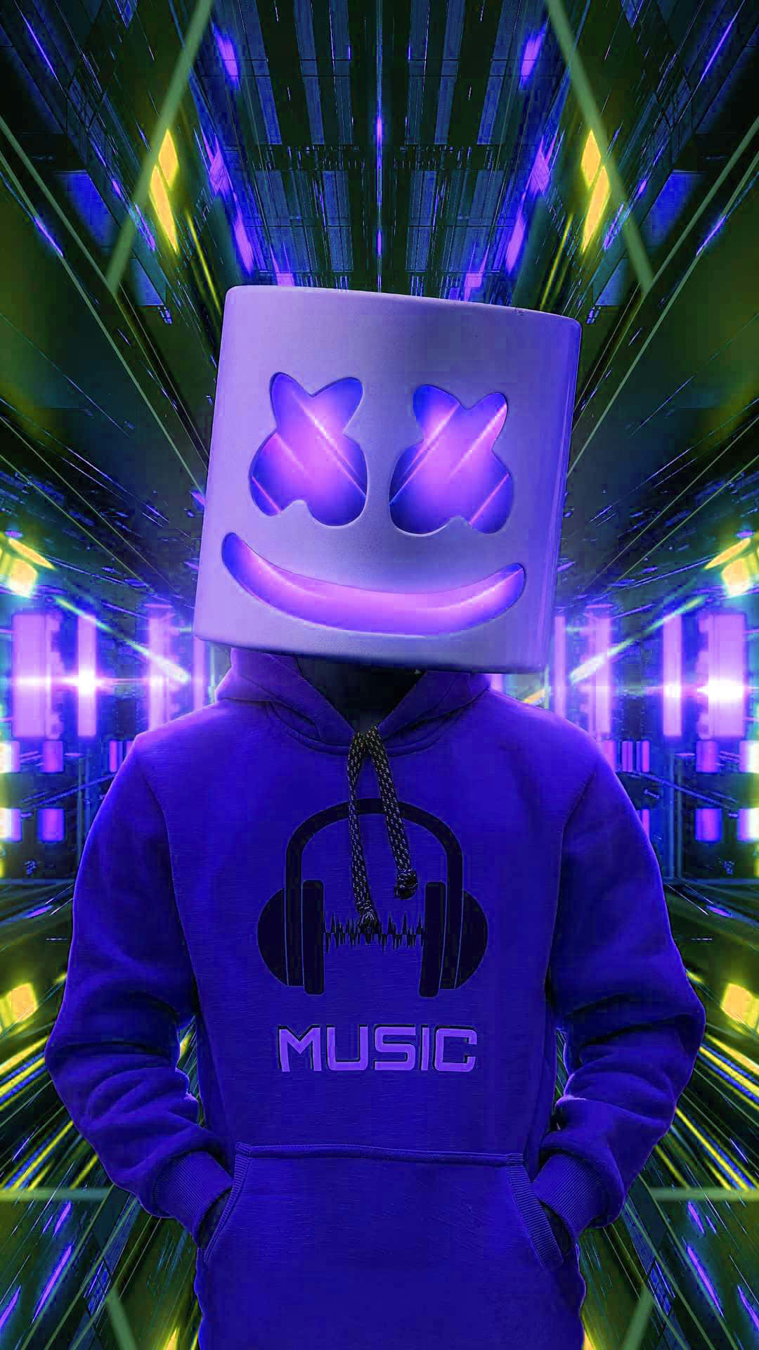 Marshmello 桌布 壁紙 — 一個戴著發光紫色棉花糖頭盔和連帽衫的人物站在霓虹燈照亮的數碼隧道中，伴隨著流動的光線。