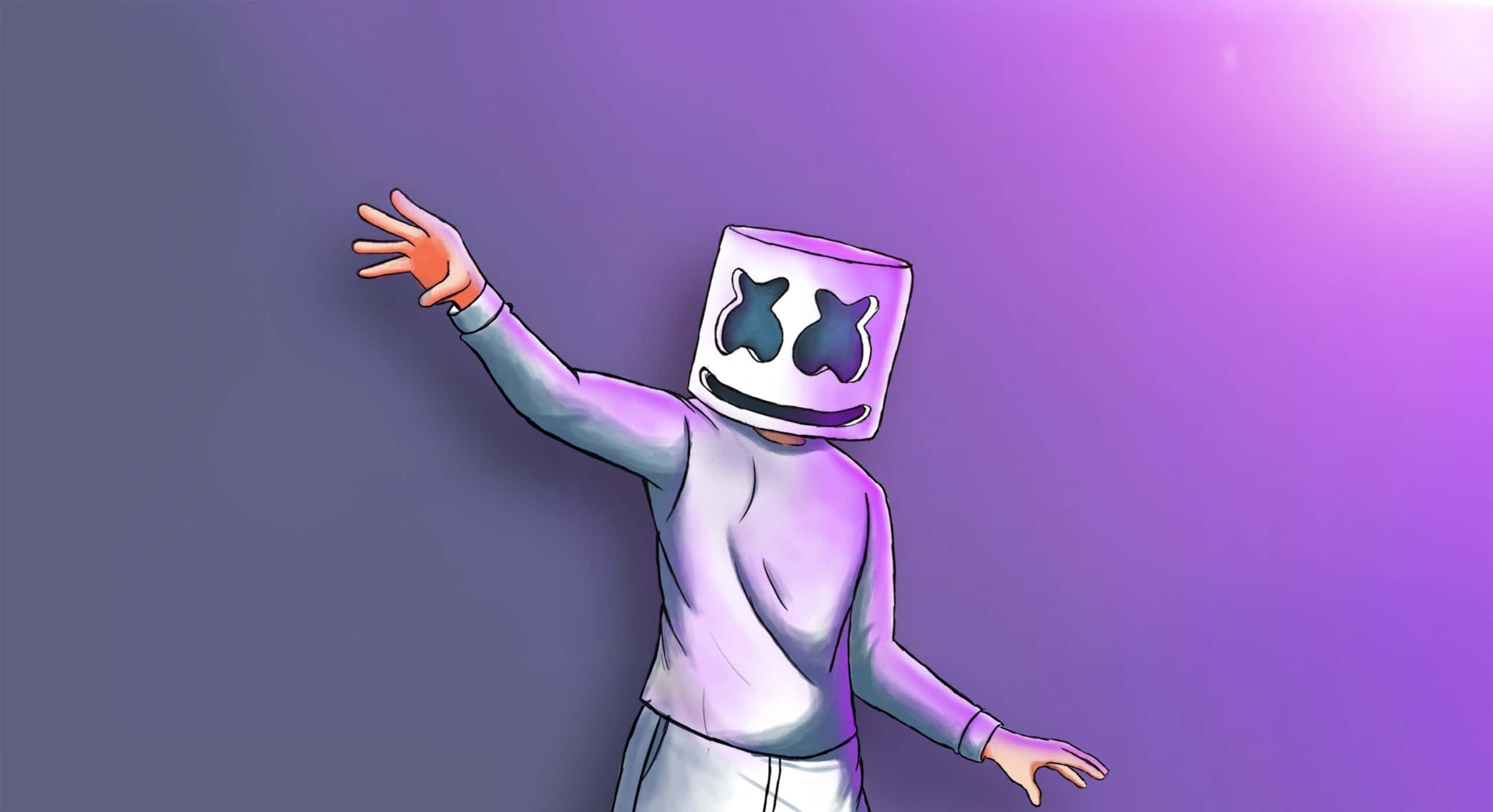 Marshmello 桌布 壁紙 — 一個戴著白色棉花糖頭盔、有黑色X眼睛的人物，在紫色漸變背景前揮手。