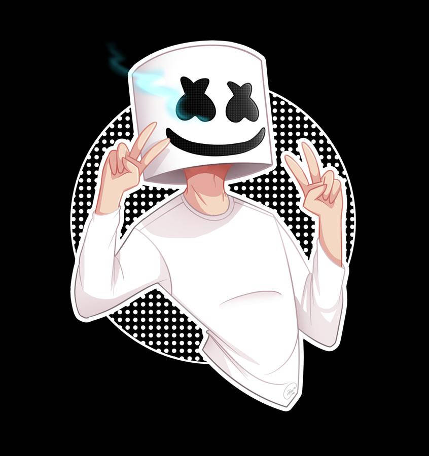 Marshmello 桌布 壁紙 — 一個戴著白色棉花糖頭盔、眼睛發光、比出和平手勢的風格化人物，背景為黑白圓點。