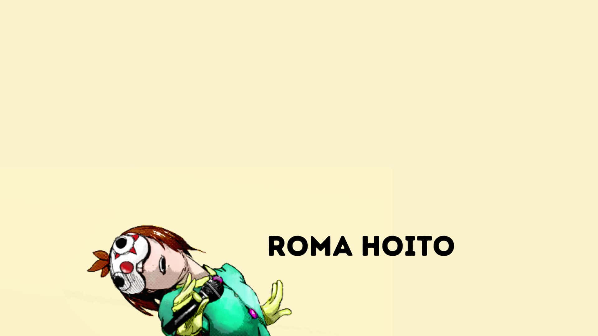 Roma Hoito 桌布 壁紙 — 一個戴著白色面具和紅色標記的卡通角色，在淡黃色背景前拿著麥克風。