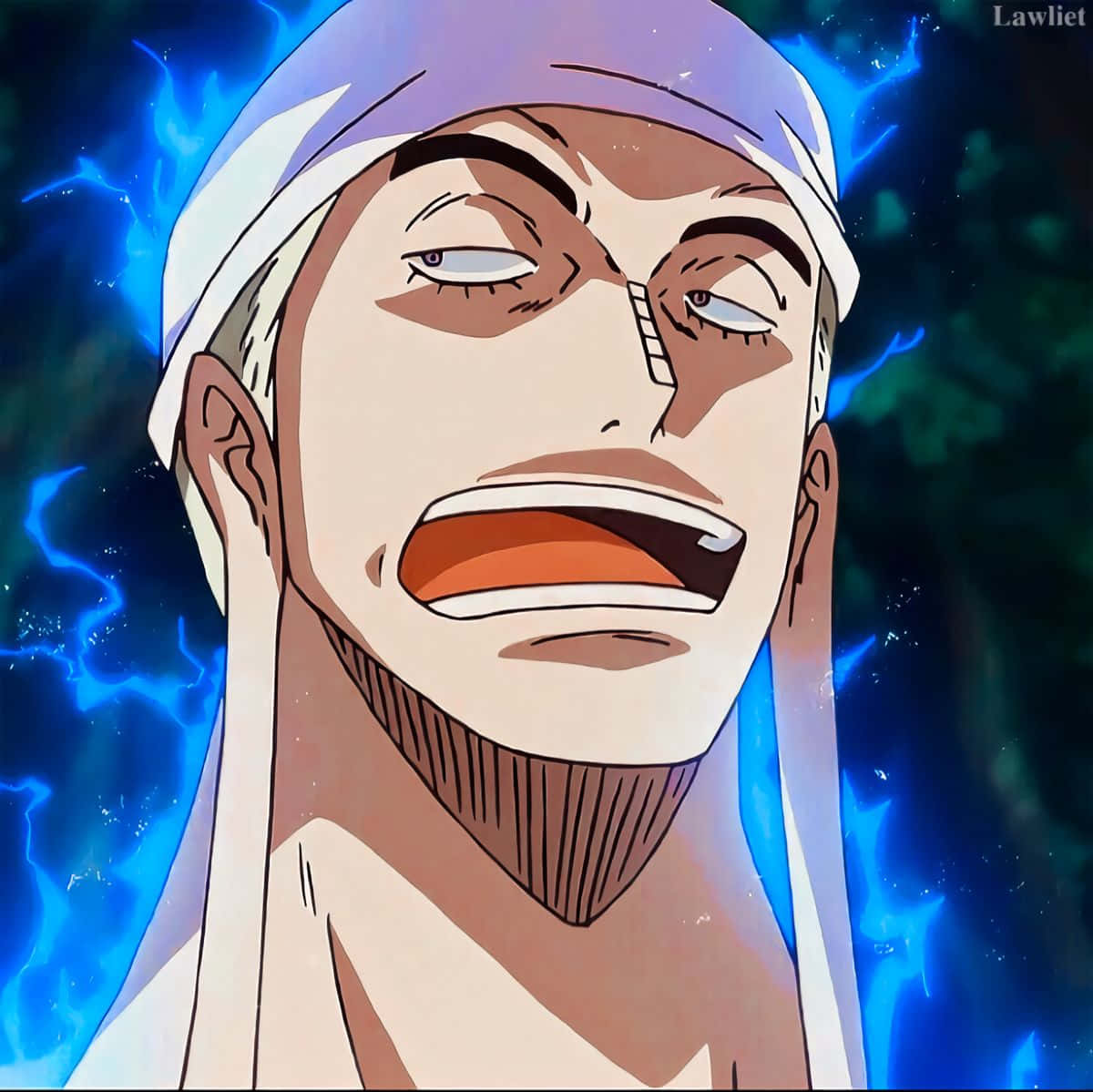 One Piece Enel 桌布 壁紙 — 一個戴著白色頭帶、留著鬍鬚的動漫角色，在深藍色佈滿閃電的背景中咆哮。