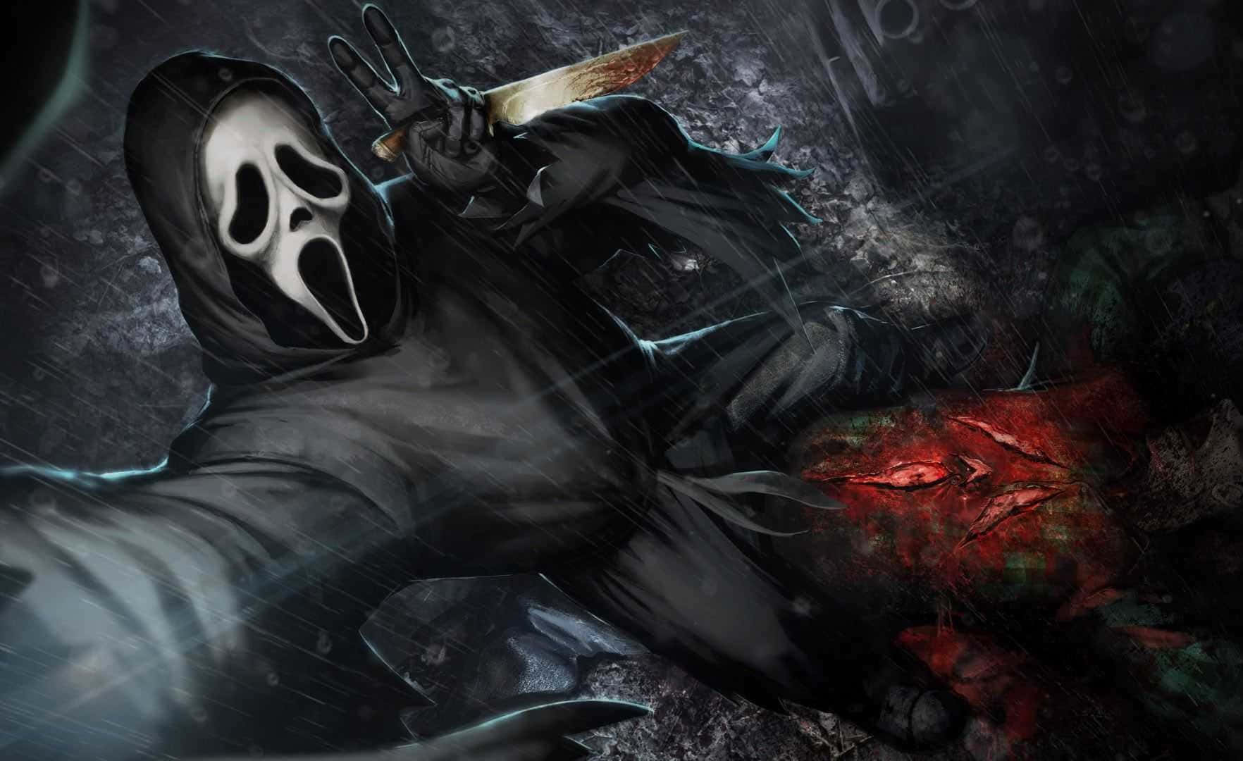 Ghostface Aesthetic 桌布 壁紙 — 一個戴著白色鬼臉面具的兜帽人物，在黑暗的雨巷中，手持血刀懸在一個染紅的身體上方。