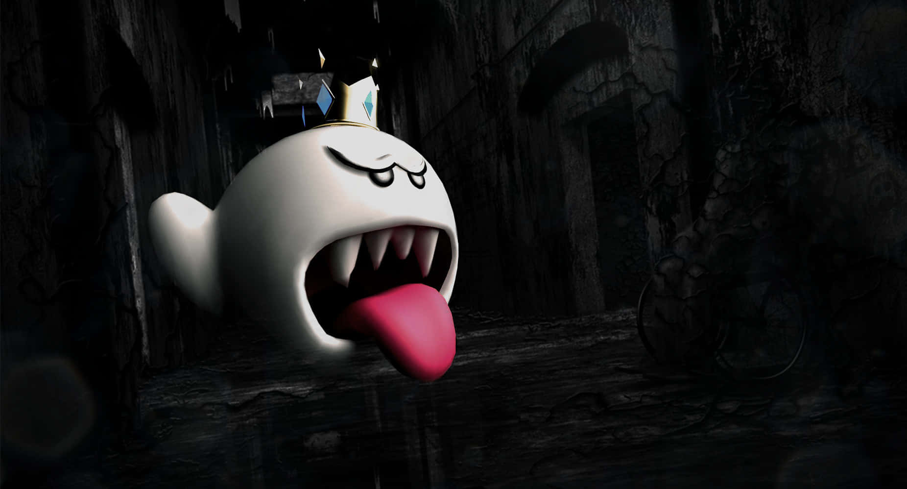King Boo 桌布 壁紙 — 一個戴著皇冠、伸出粉紅色舌頭的白色鬼魂從黑暗的石頭走廊中撲出。
