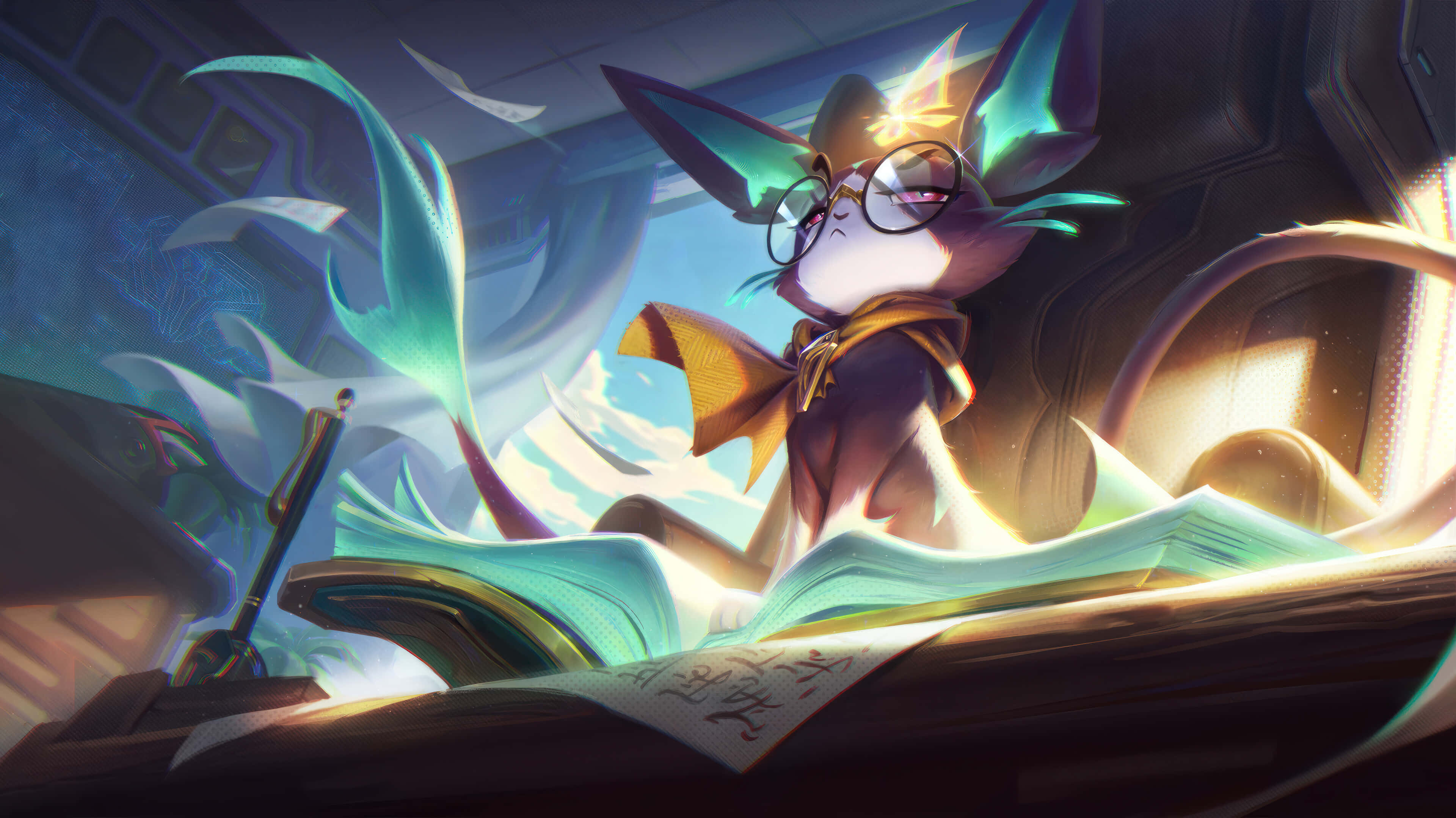 League Of Legends Champions 桌布 壁紙 — 一個戴著眼鏡和圍巾的古怪貓咪生物，在充滿旋轉青綠色能量的未來駕駛艙中閱讀一本發光的書。