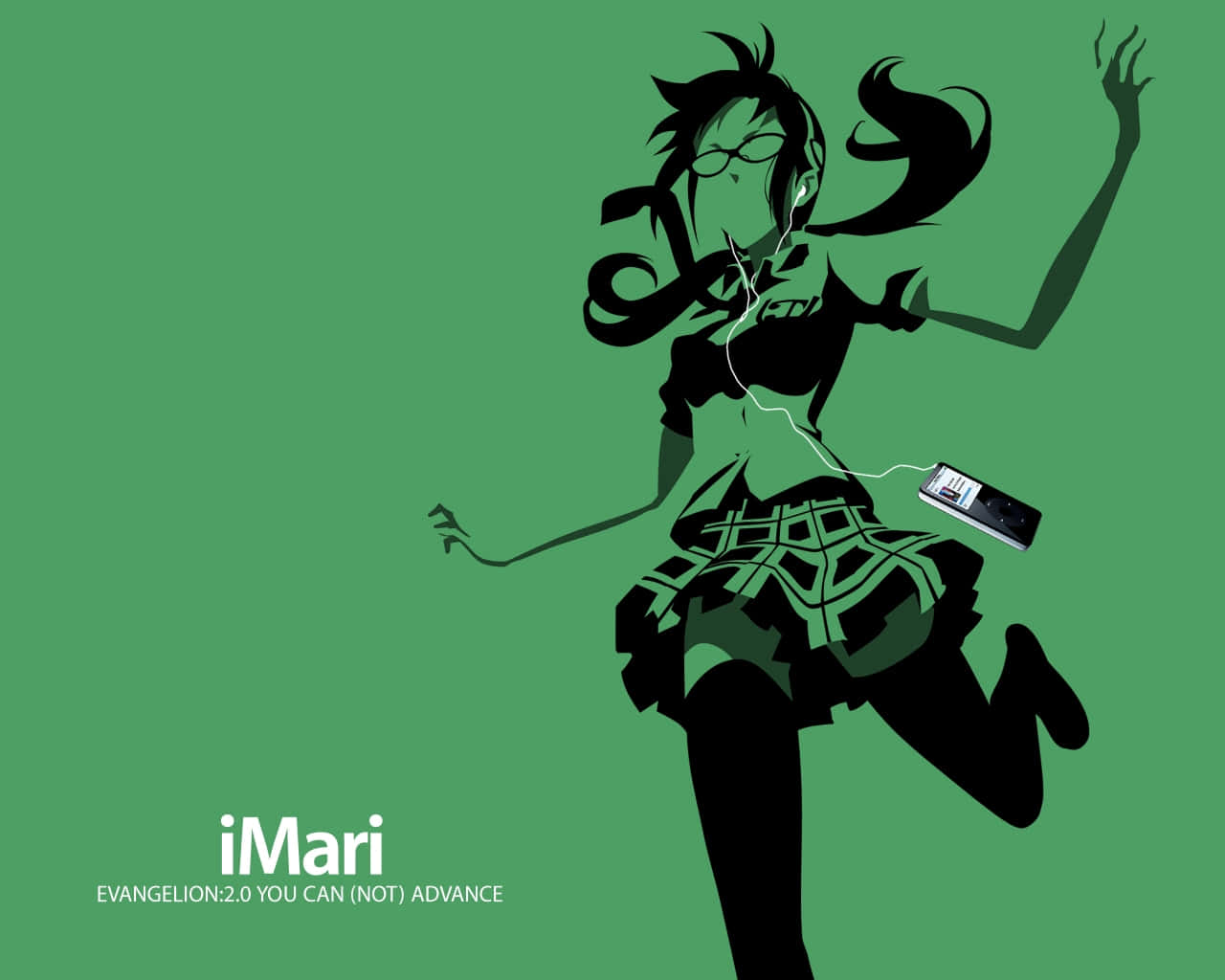 Mari Illustrious Makinami 桌布 壁紙 — 一個戴著眼鏡和耳機的風格化動漫女孩在純綠色背景前充滿活力地跳舞。