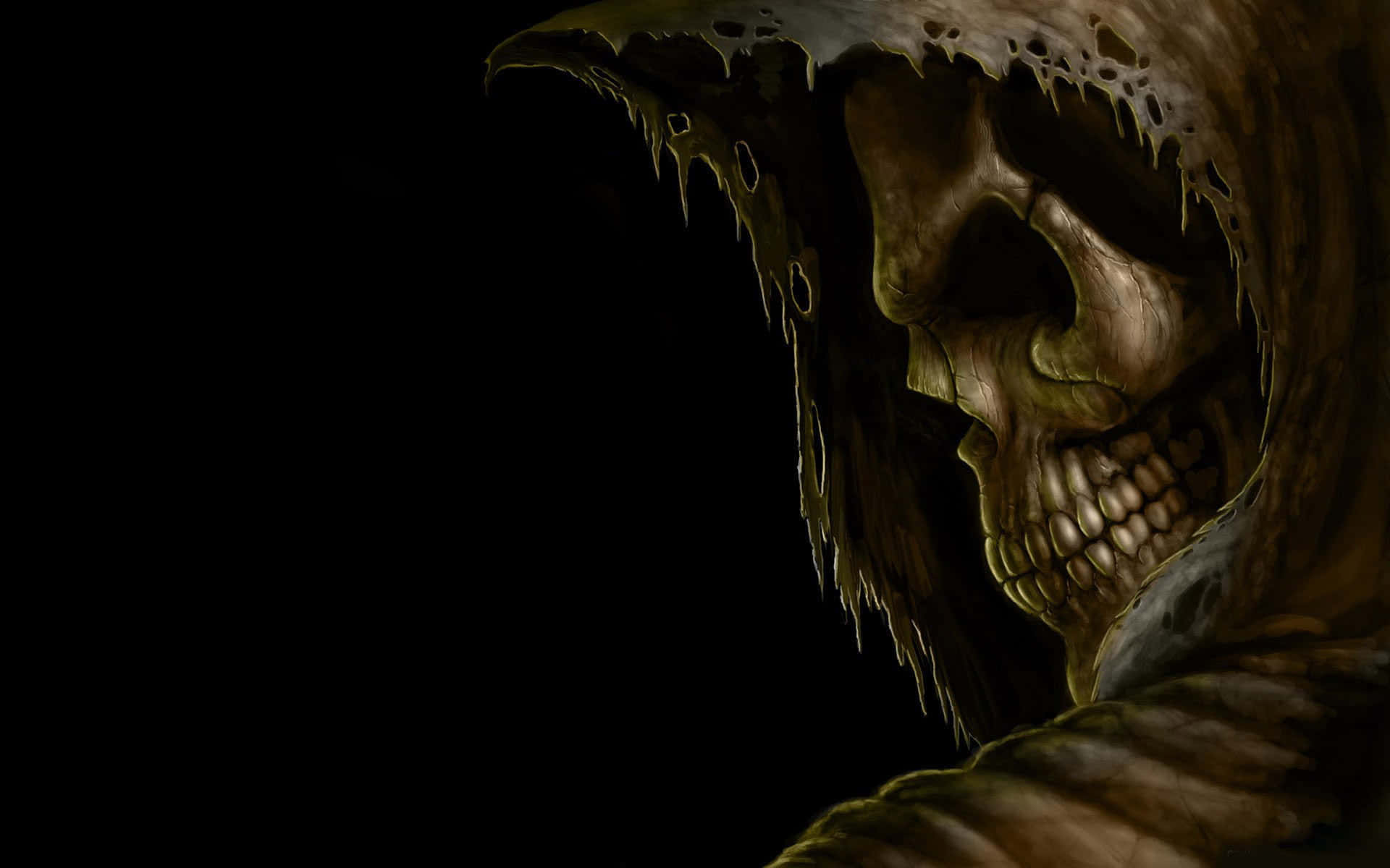 Dark Fear 桌布 壁紙 — 一個戴著破爛兜帽的可怕骷髏臉人物從黑暗中出現，眼睛發光，滴落腐敗。