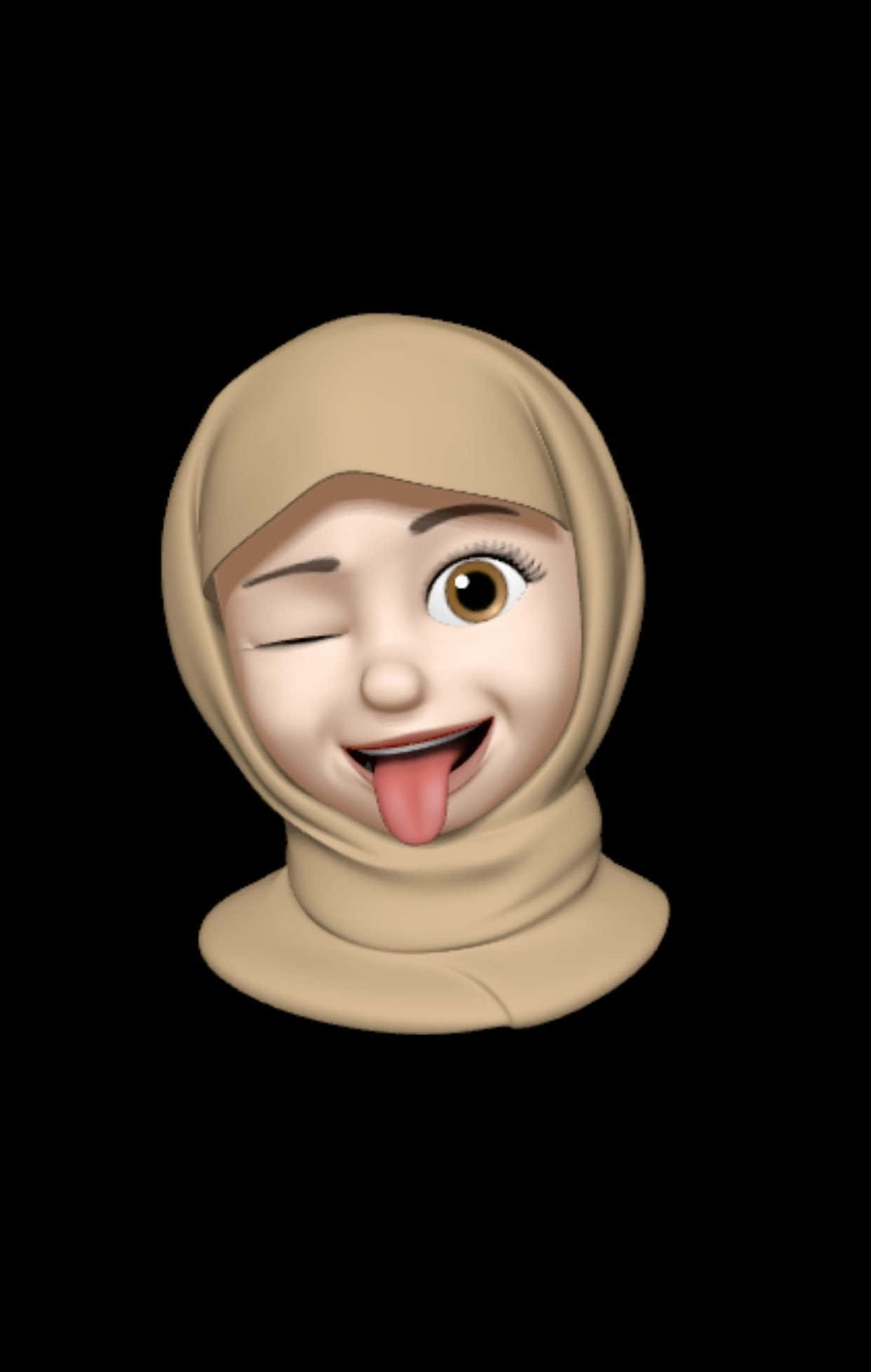 Animojis 桌布 壁紙 — 一個戴著米色頭巾的開心3D渲染表情符號臉，在黑色背景上眨眼並伸出舌頭。