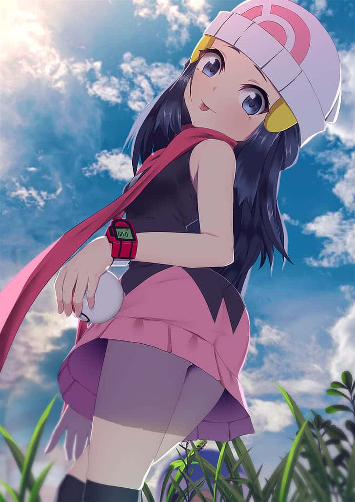 Pokemon Fan Art 桌布 壁紙 — 一個戴著粉紅色帽子和裙子的開朗動漫女孩，站在高高的草叢中，頭頂是晴朗的藍天和蓬鬆的白雲。