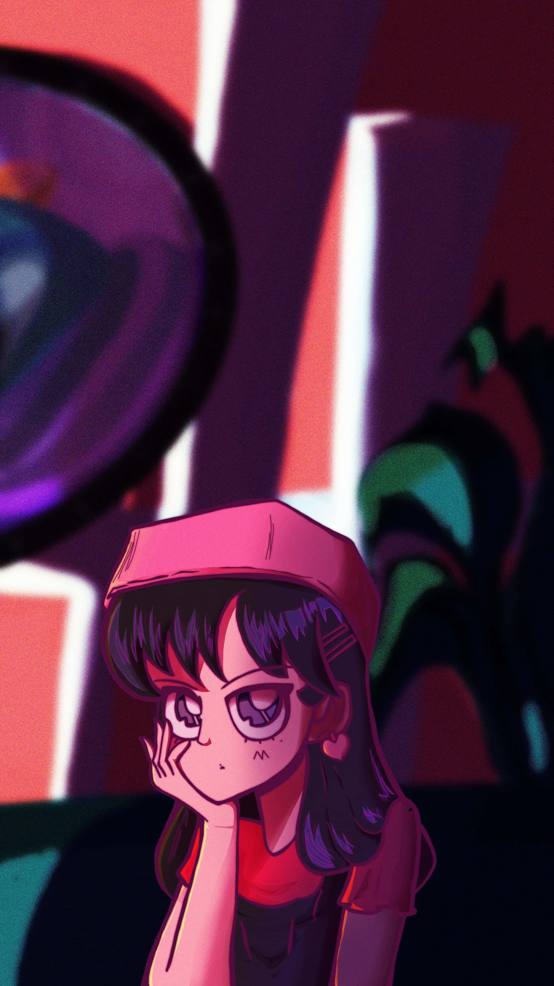 sailor mars 桌布 壁紙 — 一個戴著粉紅色帽子的憂鬱動漫女孩，在紅色、紫色和藍綠色的鮮豔抽象背景前，用手托著下巴。