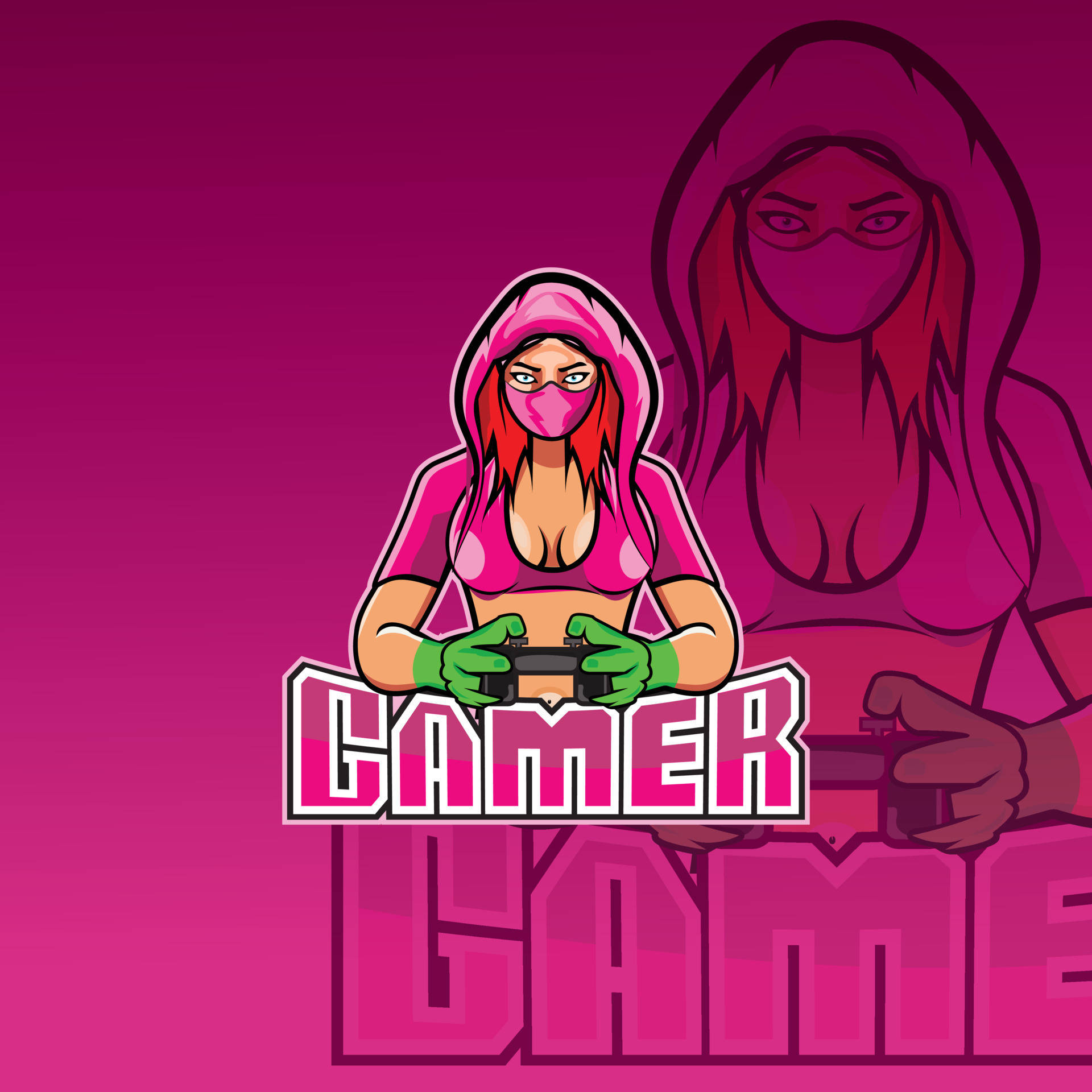 Gamer Logo 桌布 壁紙 — 一個戴著粉紅色連帽衫、紅髮和綠色手套的兇猛遊戲玩家，在洋紅色漸變背景上激烈地玩著控制器。