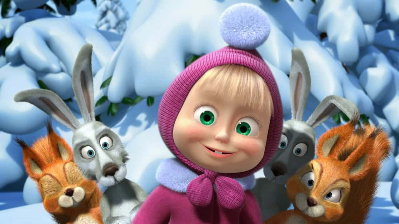 Masha And The Bear 桌布 壁紙 — 一個戴著粉紅色雪帽的開心動畫女孩，在冬季森林中被雪白的兔子和狐狸圍繞著微笑。