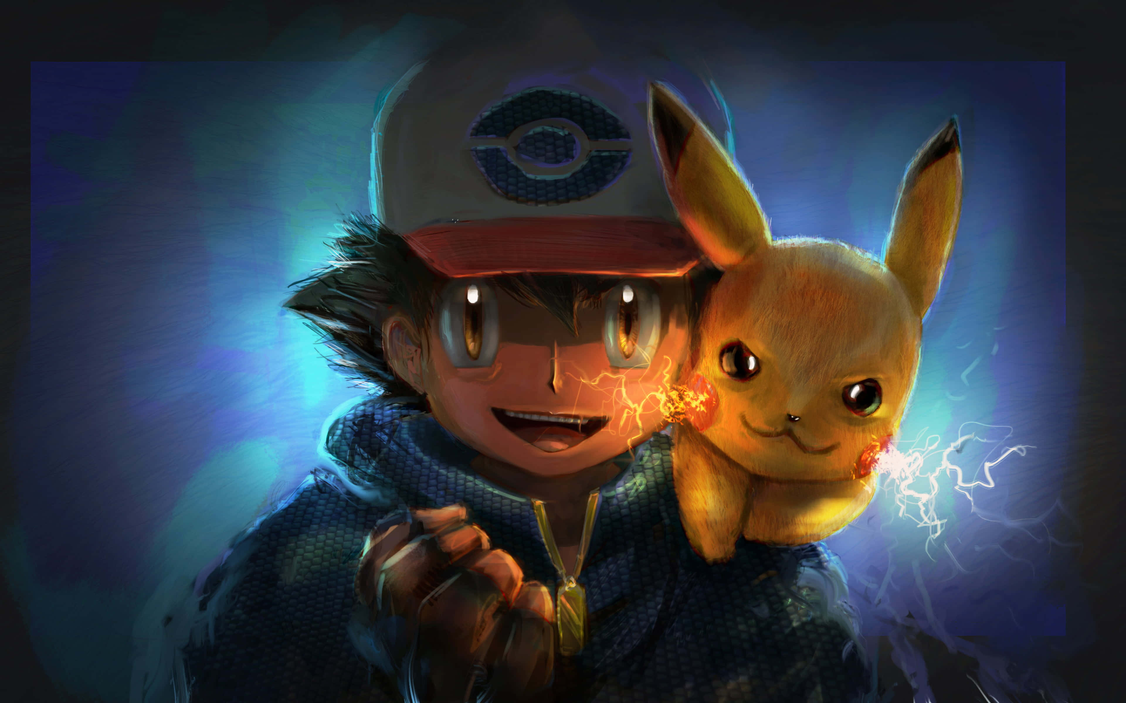 Pokemon Fan Art 桌布 壁紙 — 一個戴著精靈球帽子的快樂男孩，在深藍色背景上抱著發光的比卡超，周圍有電光閃爍。