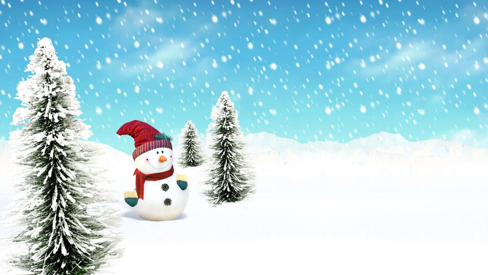 搞笑聖誕gif 桌布 壁紙 — 一個戴著紅帽子和圍巾的快樂雪人站在雪松林中，天空蔚藍，雪花飄落。