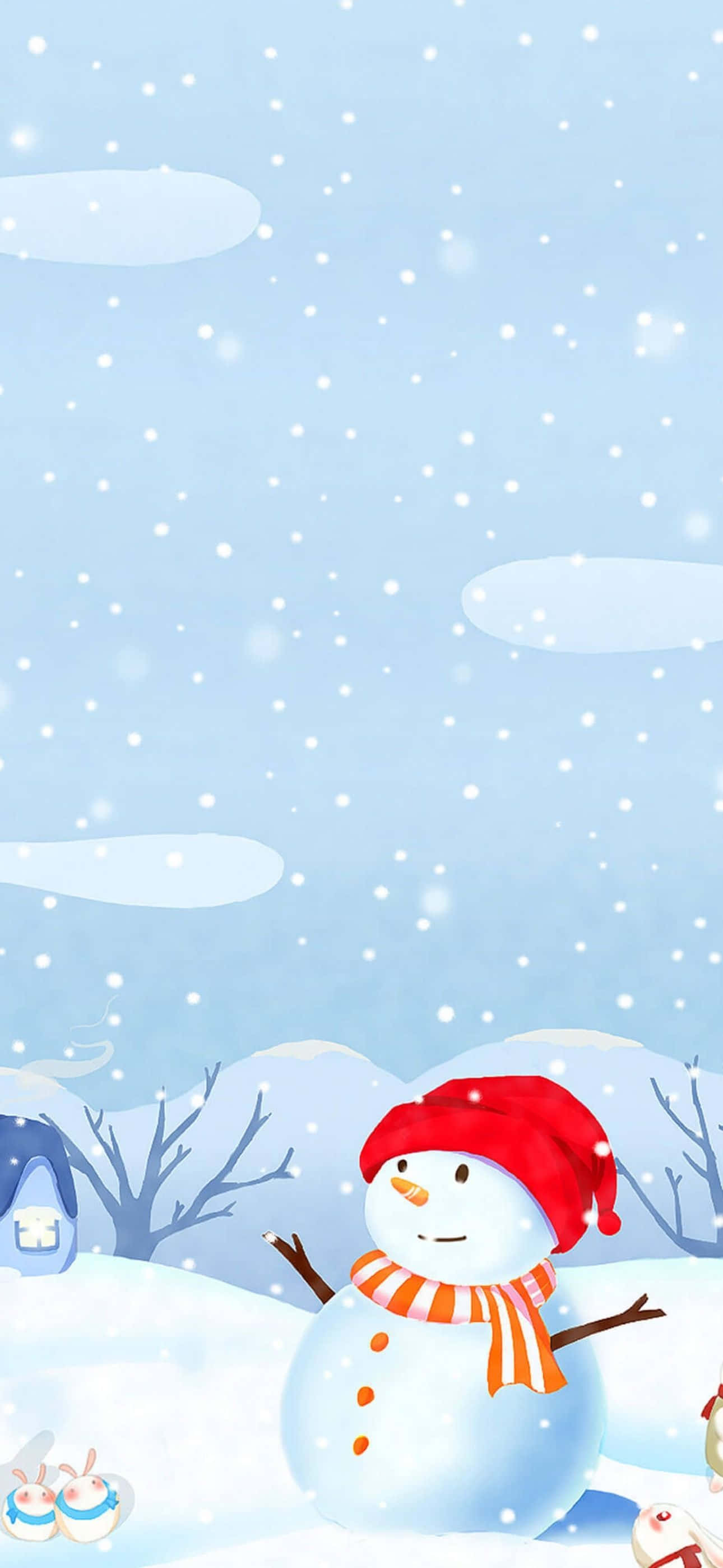 聖誕節 iPhone 桌布 壁紙 — 一個戴著紅帽子和條紋圍巾的快樂雪人站在雪花飄落的雪白冬日風景中。