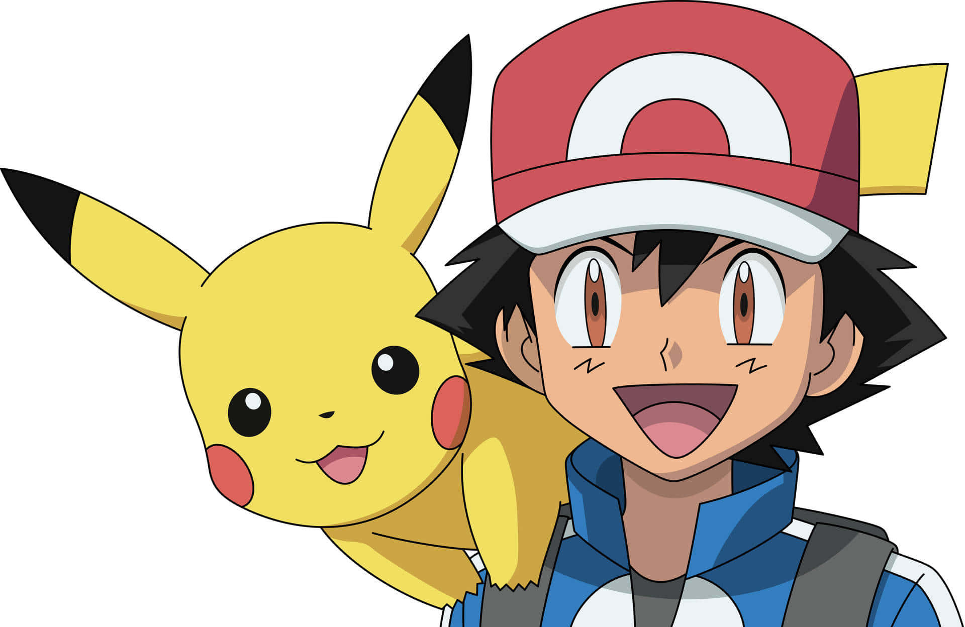 Ash And Pikachu 桌布 壁紙 — 一個戴著紅白帽子的開朗動畫男孩，在他黃色的電系寶可夢皮卡丘旁邊微笑。