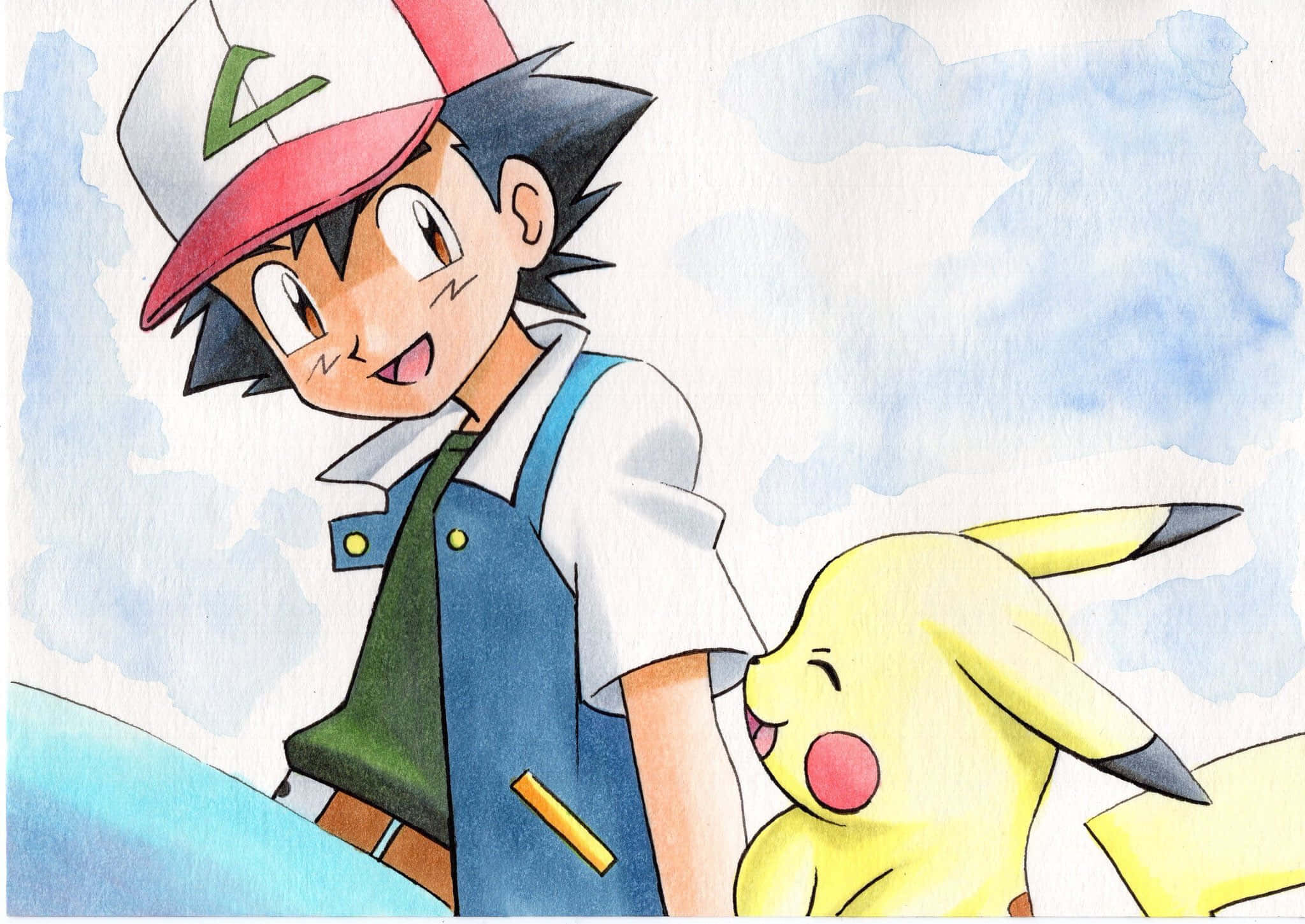 Ash And Pikachu 桌布 壁紙 — 一個戴著紅白帽子的開朗動畫男孩站在他的黃色電系寶可夢皮卡丘旁邊，背景是柔和的藍天。