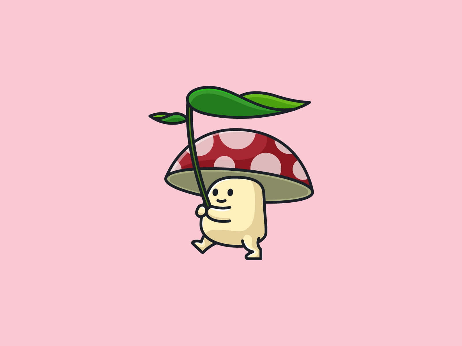 Kawaii Mushroom 桌布 壁紙 — 一個戴著紅色圓點帽的快樂卡通蘑菇角色，在柔和的粉紅色背景上走著，手持一把綠色葉子傘。