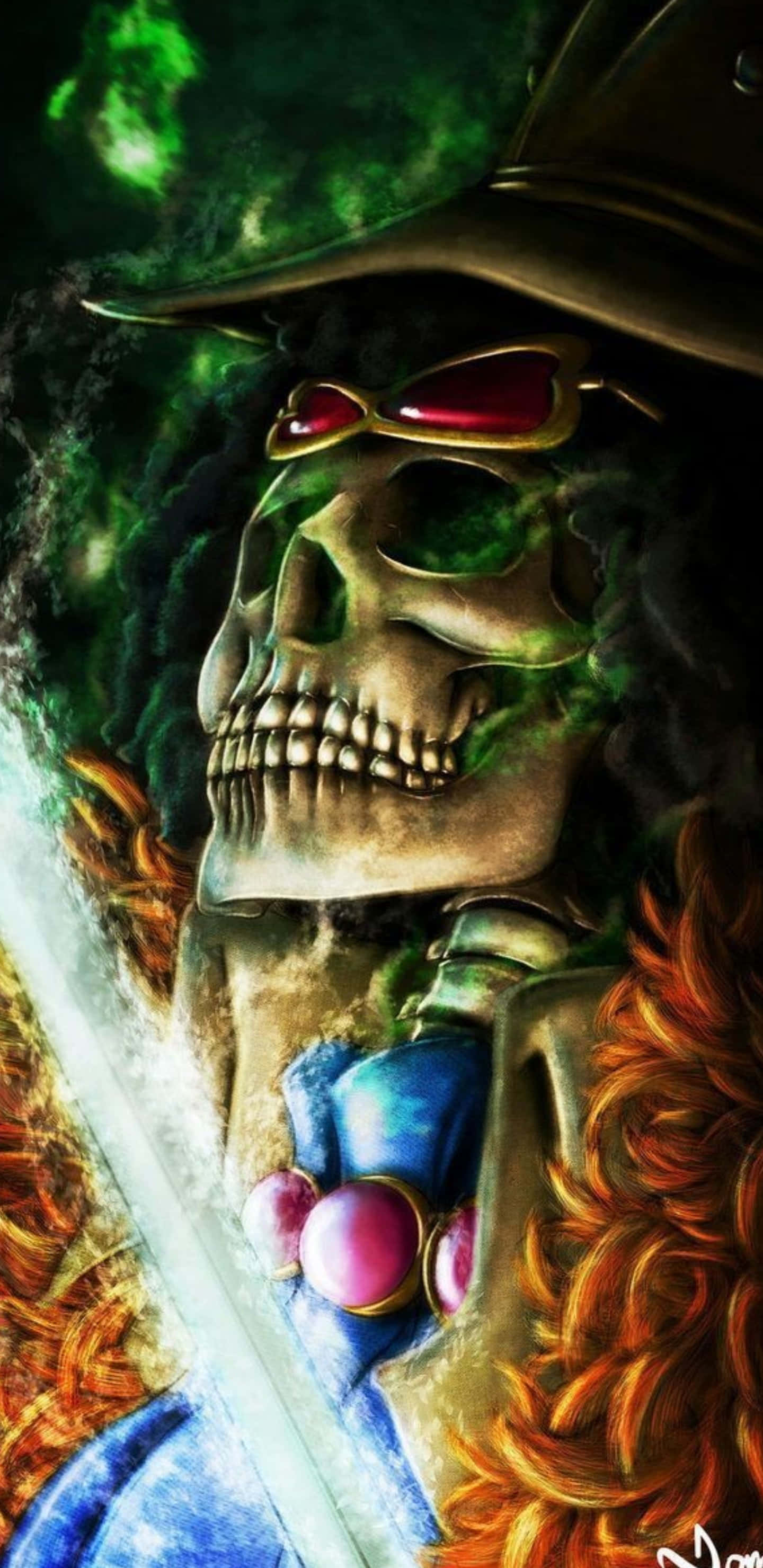 Brook 桌布 壁紙 — 一個戴著紅色太陽眼鏡和帽子的威脅性骷髏海盜，在旋轉的綠色和橙色背景前舉著一把發光的劍。