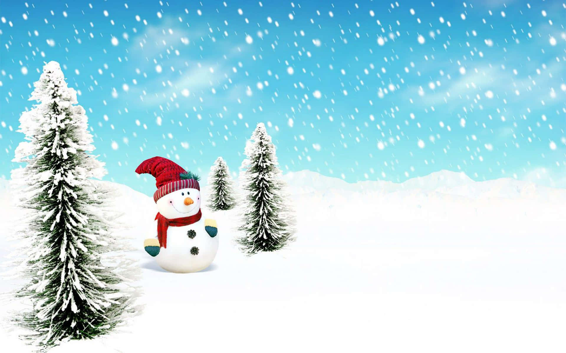 雪人 桌布 壁紙 — 一個戴著紅色帽子和圍巾的快樂雪人站在雪白的冬季風景中，周圍有被雪覆蓋的松樹和飄落的雪花。
