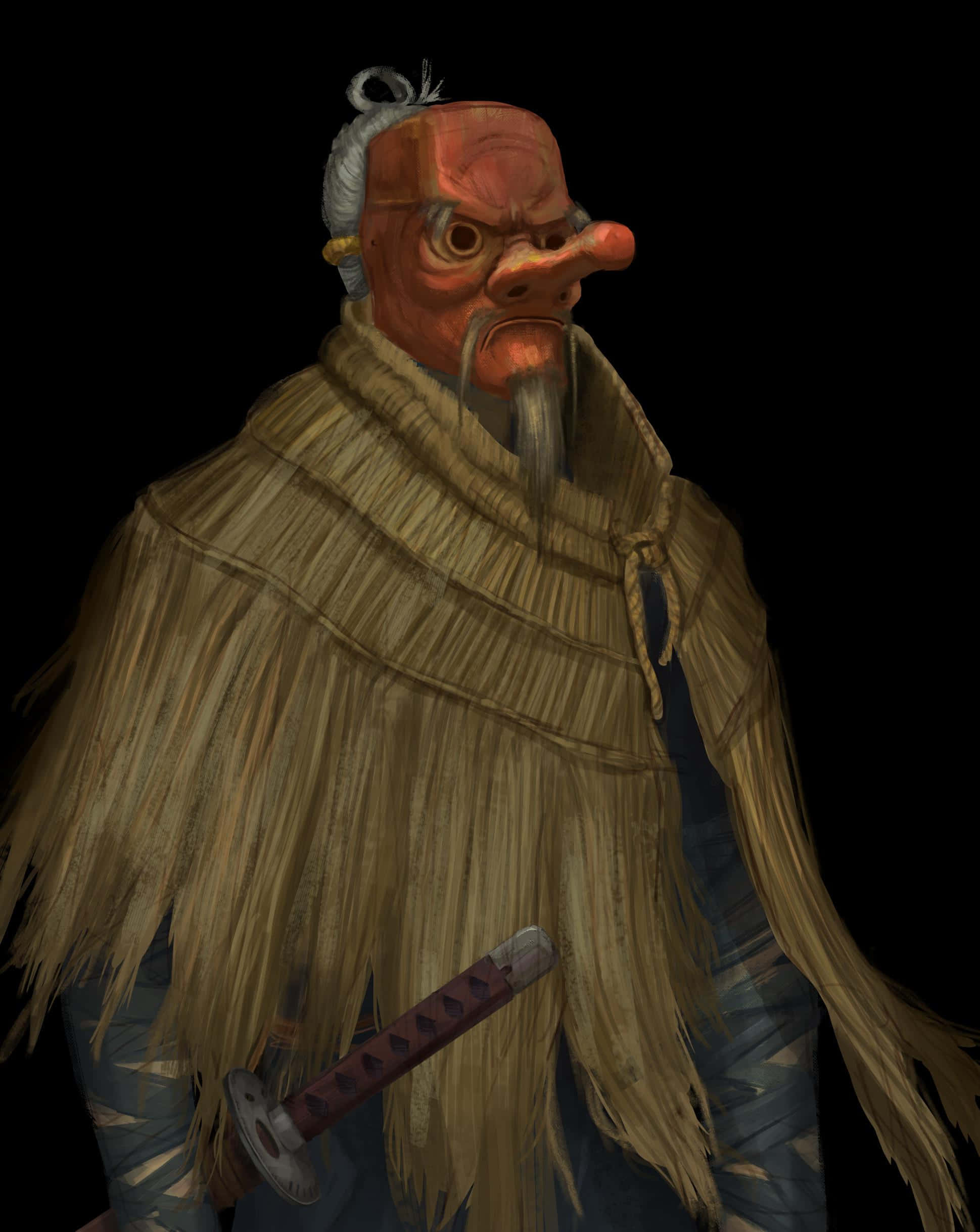 Tengu 桌布 壁紙 — 一個戴著紅色惡魔面具、披著稻草斗篷的戰士，在黑色虛空中手持武士刀，氣勢洶洶。