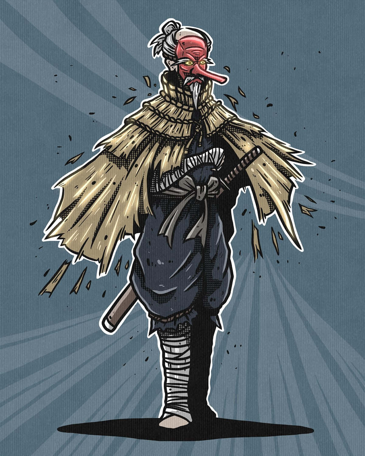 Tengu 桌布 壁紙 — 一個戴著紅色惡魔面具、披著稻草斗篷的威猛武士，手持武士刀，站在藍色光芒的背景前。