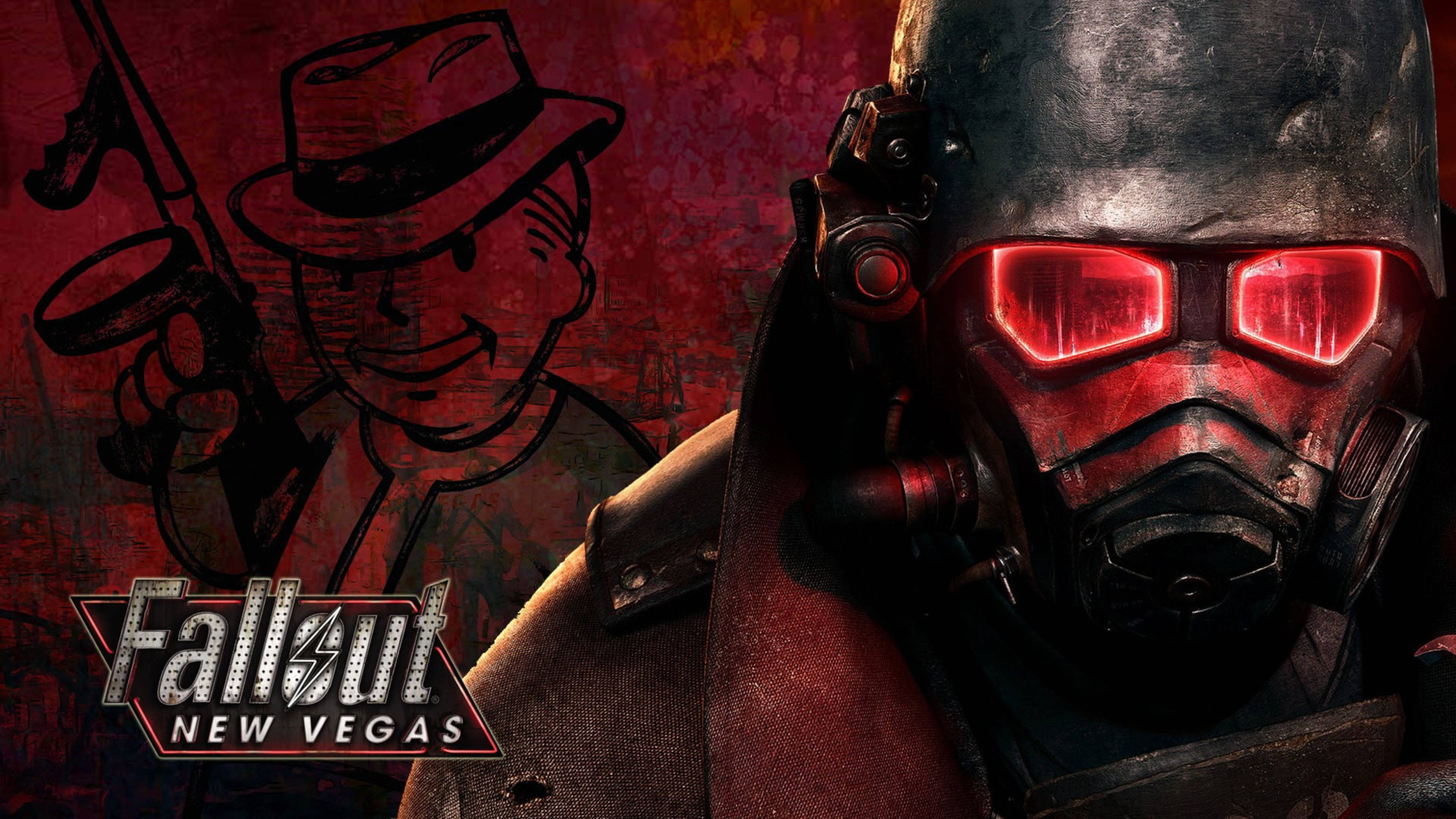 Fallout 4 桌布 壁紙 — 一個戴著紅色發光防毒面具的可怕人物主導了一張粗糙的Fallout New Vegas海報，背景有一個卡通牛仔。