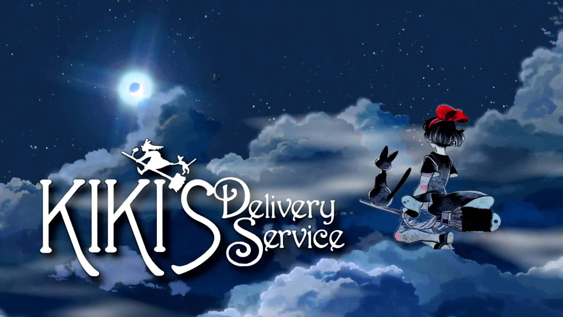 kiki's delivery service 桌布 壁紙 — 一個戴著紅色蝴蝶結的小女孩騎著掃帚飛過星光燦爛的夜空，越過蓬鬆的雲朵，伴隨著一輪發光的月亮。