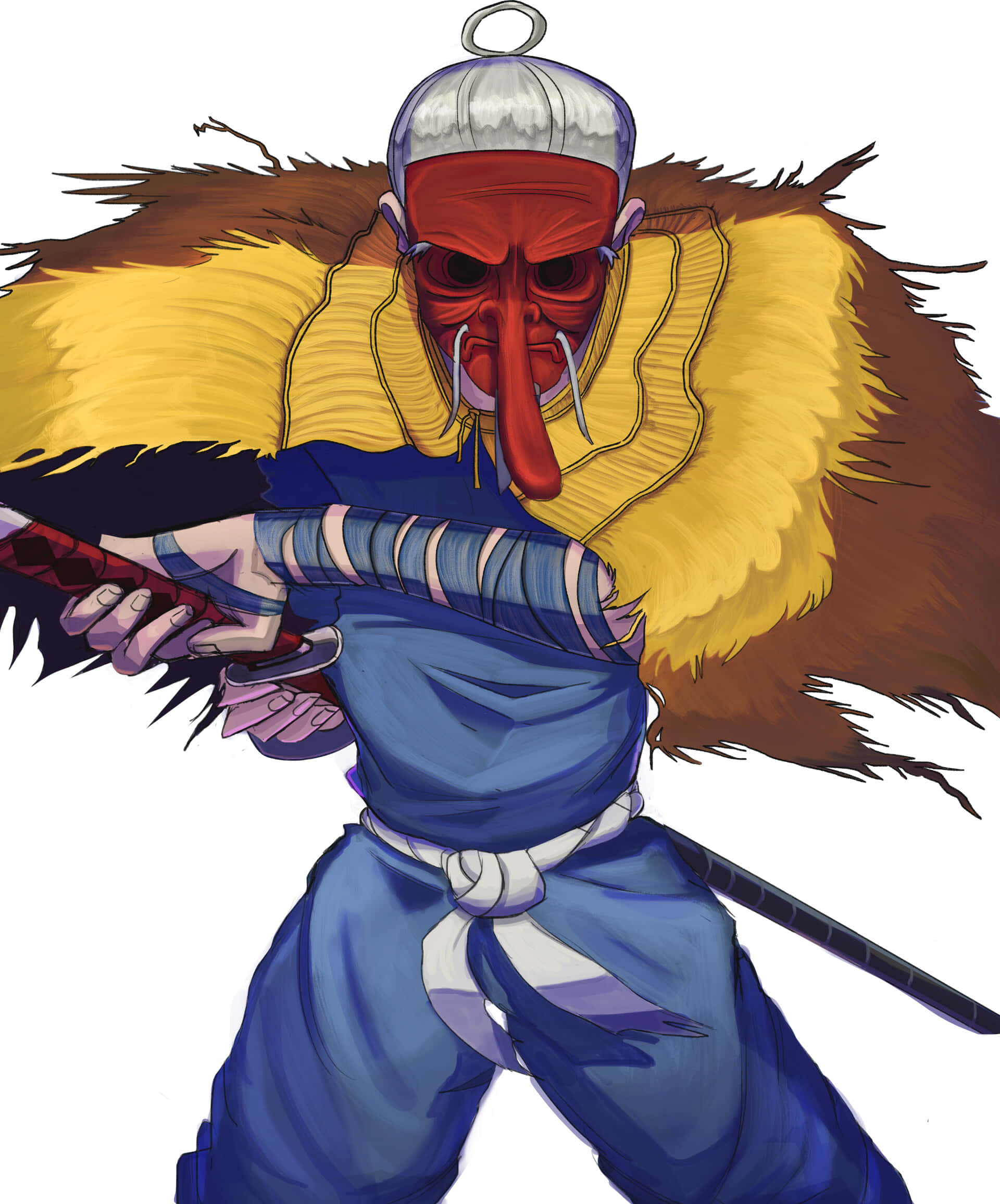 Tengu 桌布 壁紙 — 一個戴著紅色面具和黃色毛皮披風的兇猛動漫武士，專注地握著一把武士刀。