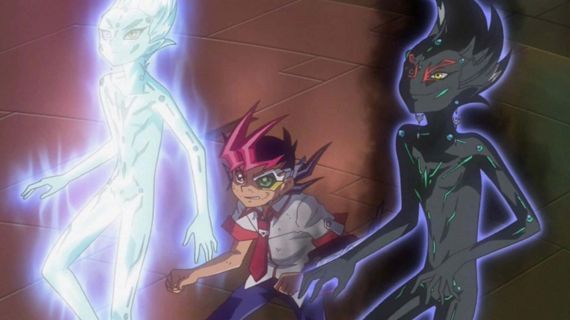 Yu-gi-oh Astral 桌布 壁紙 — 一個戴著紅色領帶的小男孩站在兩個發光的人形靈魂之間，一個白色，一個黑色，在一個燈光昏暗的房間裡。