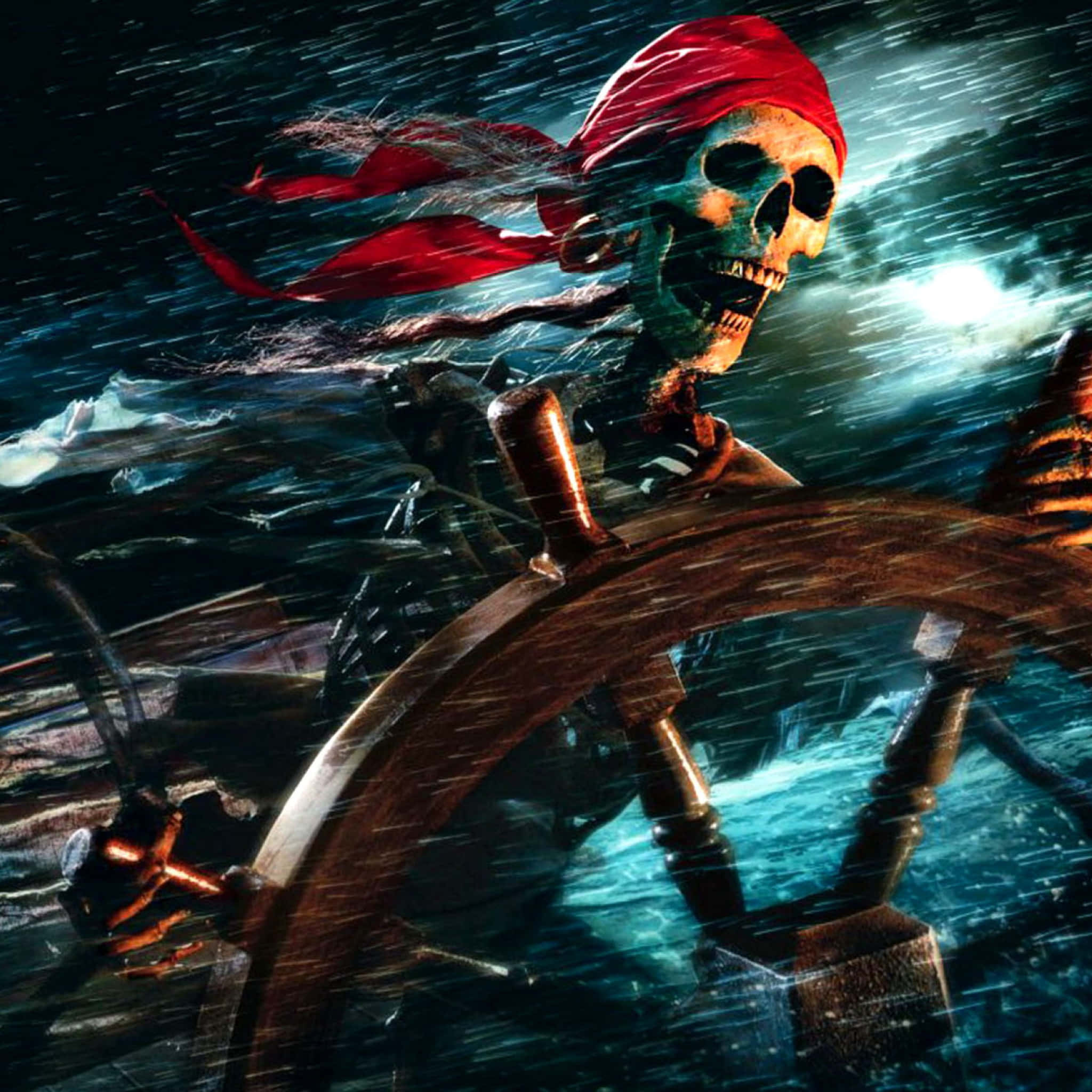 Pirates Of The Caribbean 桌布 壁紙 — 一個戴著紅色頭巾的骷髏海盜船長，在黑暗的天空下駕駛船隻穿越暴風雨的海面。