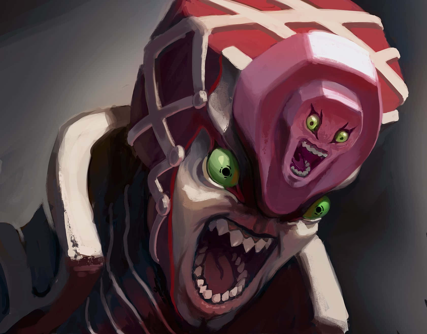 Jojo King Crimson 桌布 壁紙 — 一個戴著紅色頭盔、綠色眼睛的怪誕數碼藝術生物，在黑暗、威脅性的特寫中尖叫。
