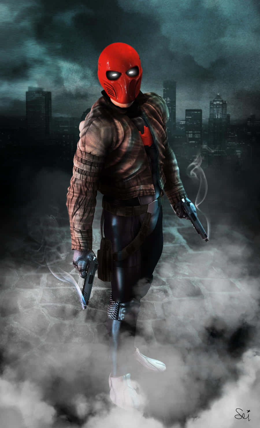 Red Hood 桌布 壁紙 — 一個戴著紅色頭盔和格仔恤衫的蒙面義警，在煙霧瀰漫的城市廢墟中，手持兩把冒煙的手槍，站在暴風雨的天空下。