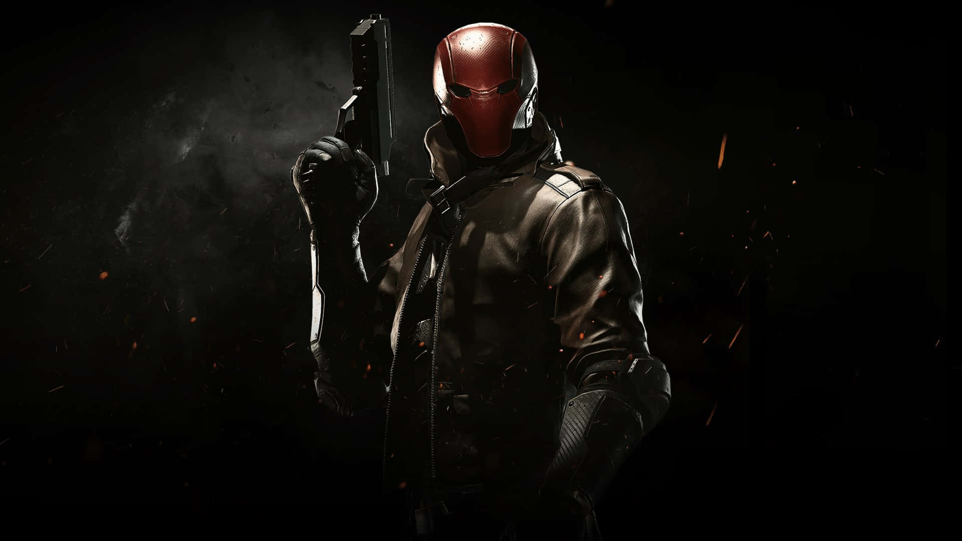 Red Hood 桌布 壁紙 — 一個戴著紅色頭盔和黑色外套的蒙面義警，在煙霧繚繞的黑色背景中手持手槍，周圍有漂浮的火星。