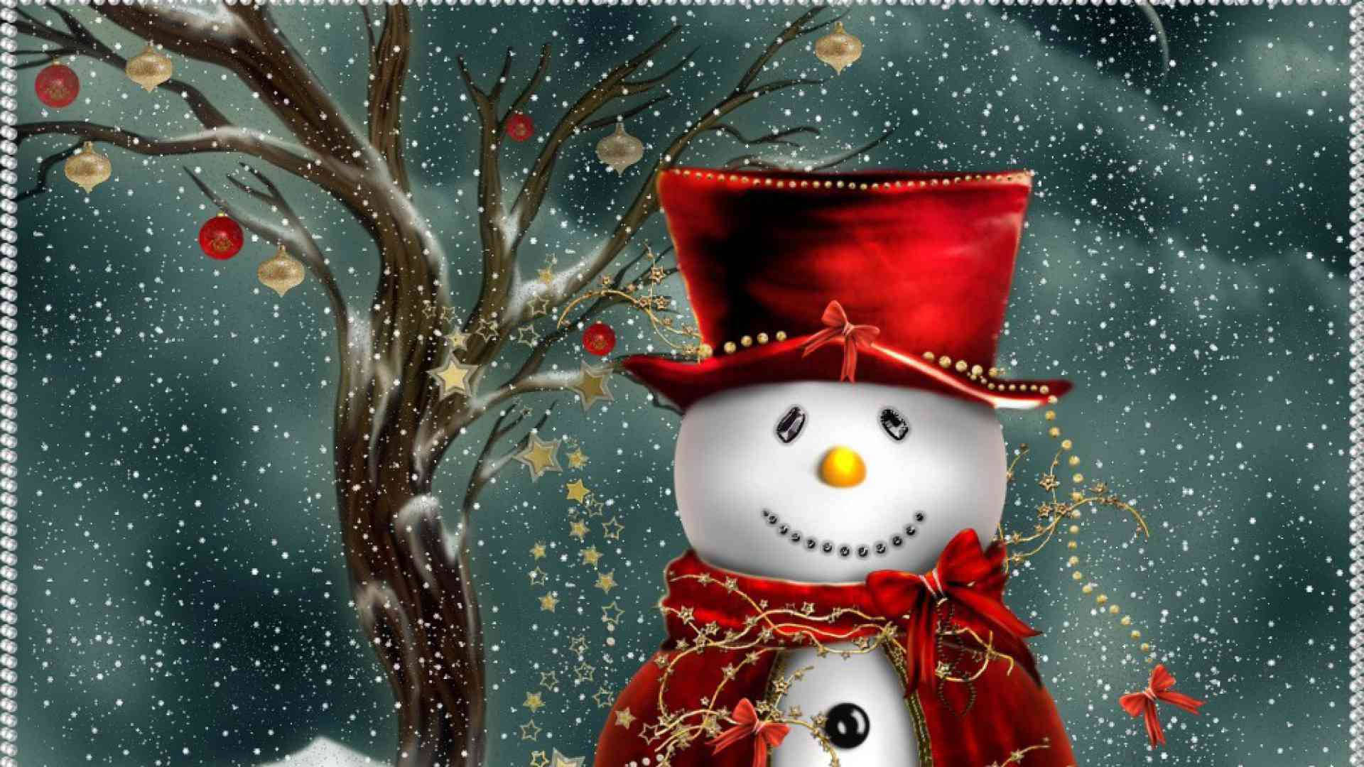Winter Forest Phone 桌布 壁紙 — 一個戴著紅色高帽和圍巾的快樂雪人站在一棵被雪覆蓋、裝飾著飾品和星星的樹旁，雪花飄落。