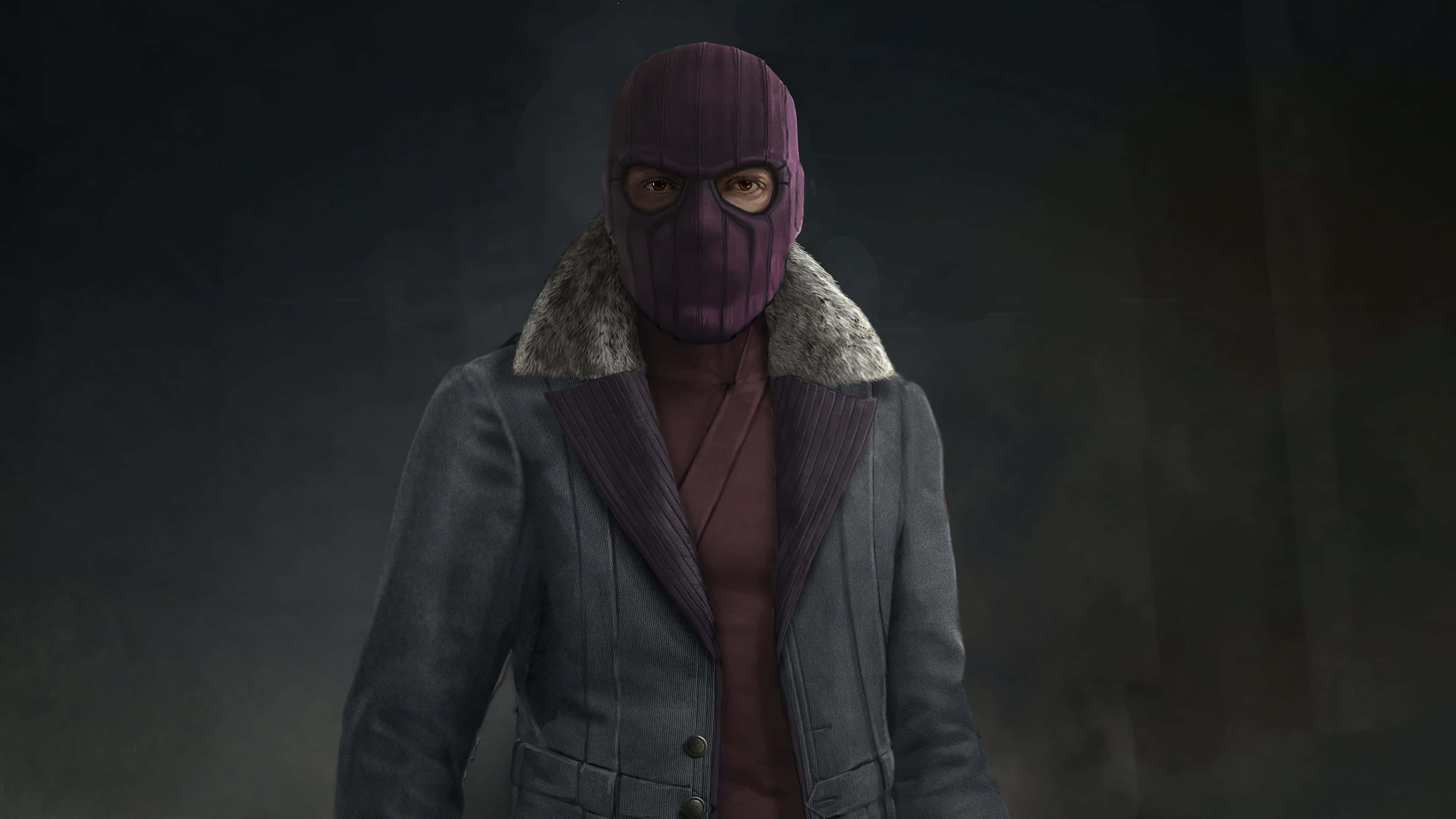 Baron Zemo 桌布 壁紙 — 一個戴著紫色巴拉克拉法帽、身穿灰色毛領外套的神秘人物，站在煙霧瀰漫的黑暗場景中。
