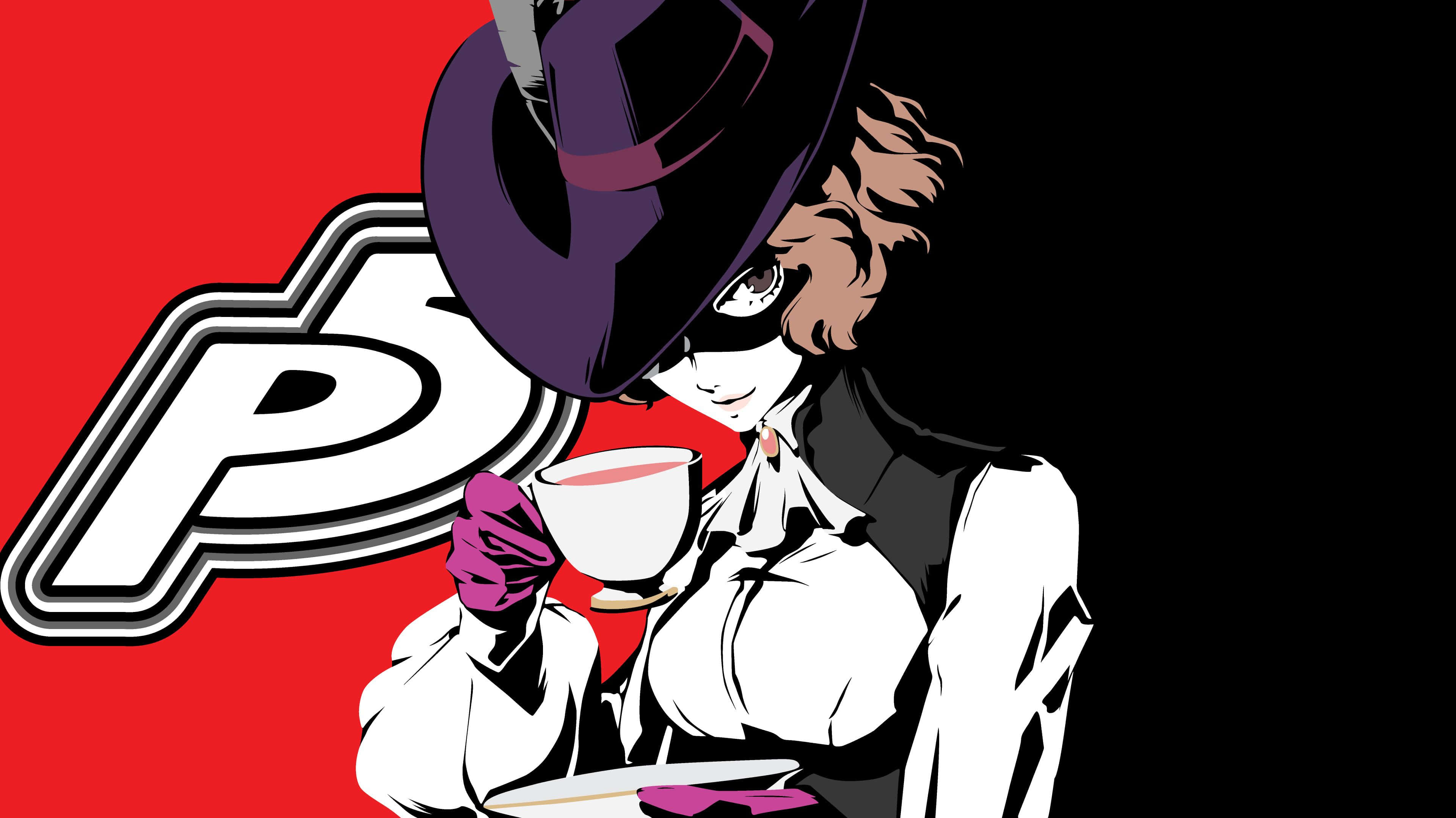 persona 桌布 壁紙 — 一個戴著紫色帽子的風格化動漫角色，在醒目的紅黑背景上，伴隨著一個大型「P」標誌，正在喝茶。