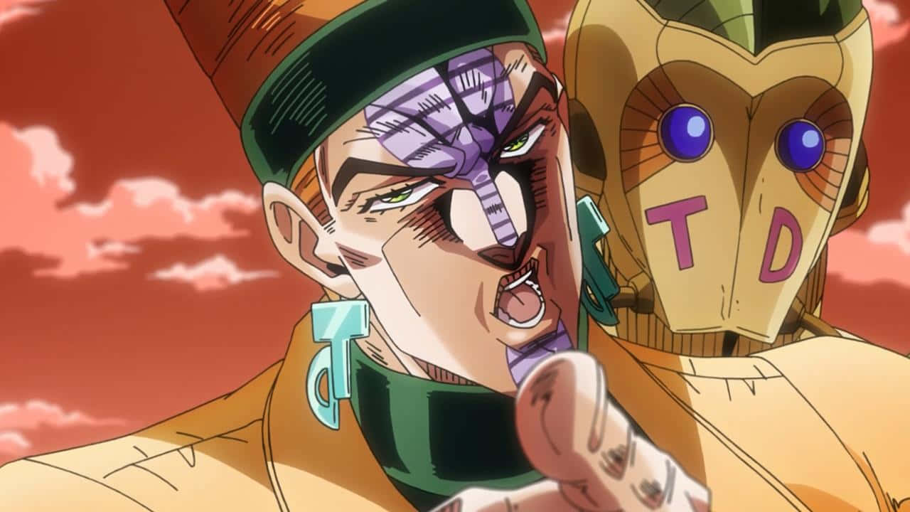 Jojo's Bizarre Adventure Atum 桌布 壁紙 — 一個戴著紫色眼罩和綠色帽子的動漫角色，在火紅的天空背景下，對著一雙藍眼睛的金色機械人大聲喊叫。