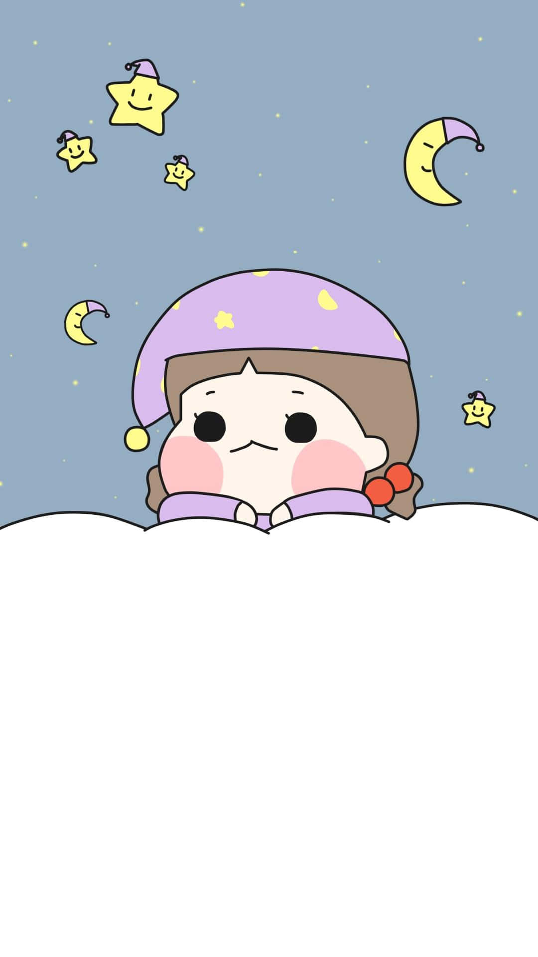 Cute Animations 桌布 壁紙 — 一個戴著紫色睡帽的可愛卡通女孩從被子下探出頭來，微笑的星星和彎月飄浮在柔和的藍色夜空中。