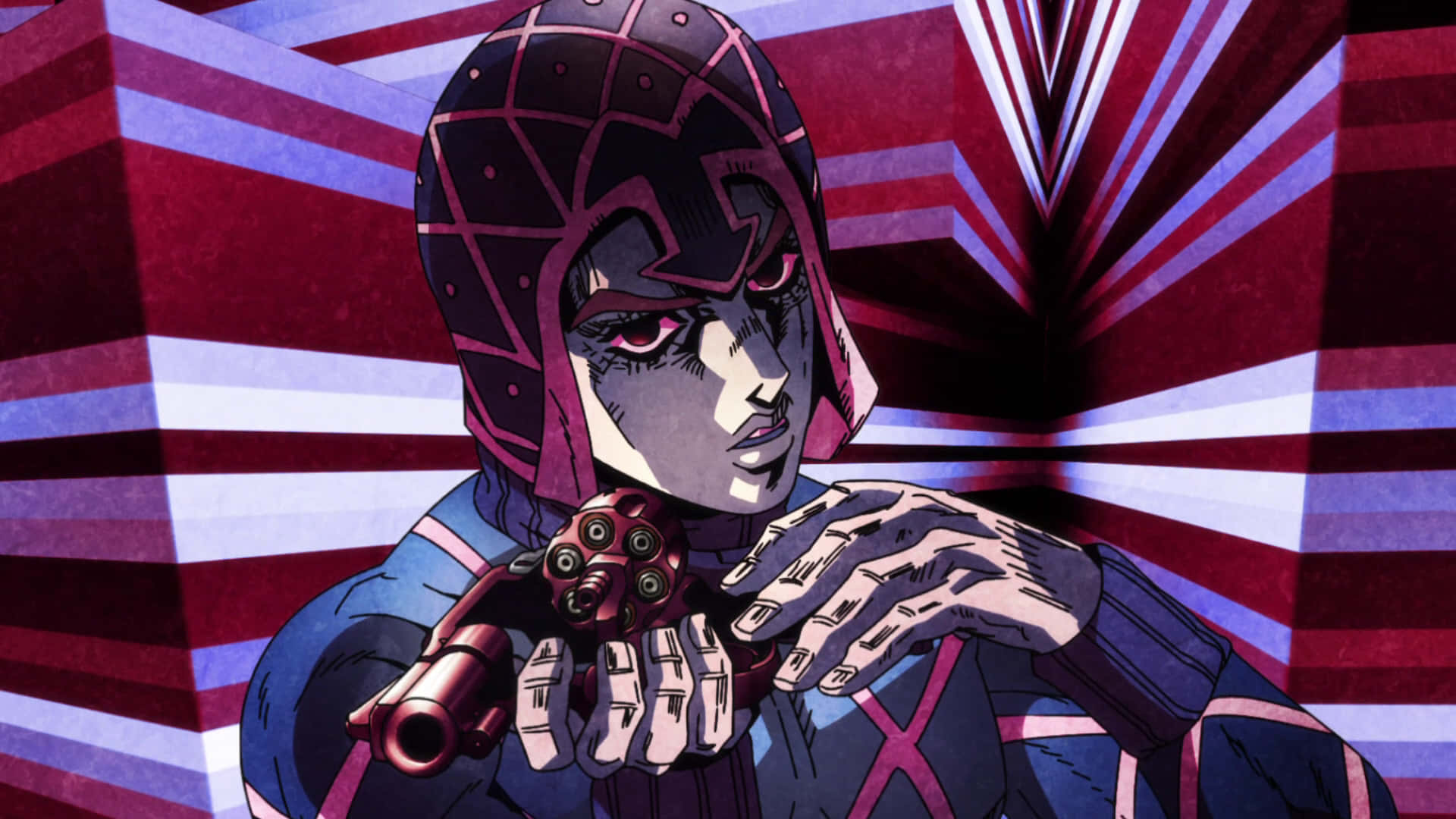 Vento Aureo 桌布 壁紙 — 一個戴著紫色頭盔的動漫角色，在搶眼的紅白藍條紋背景前手持左輪手槍。