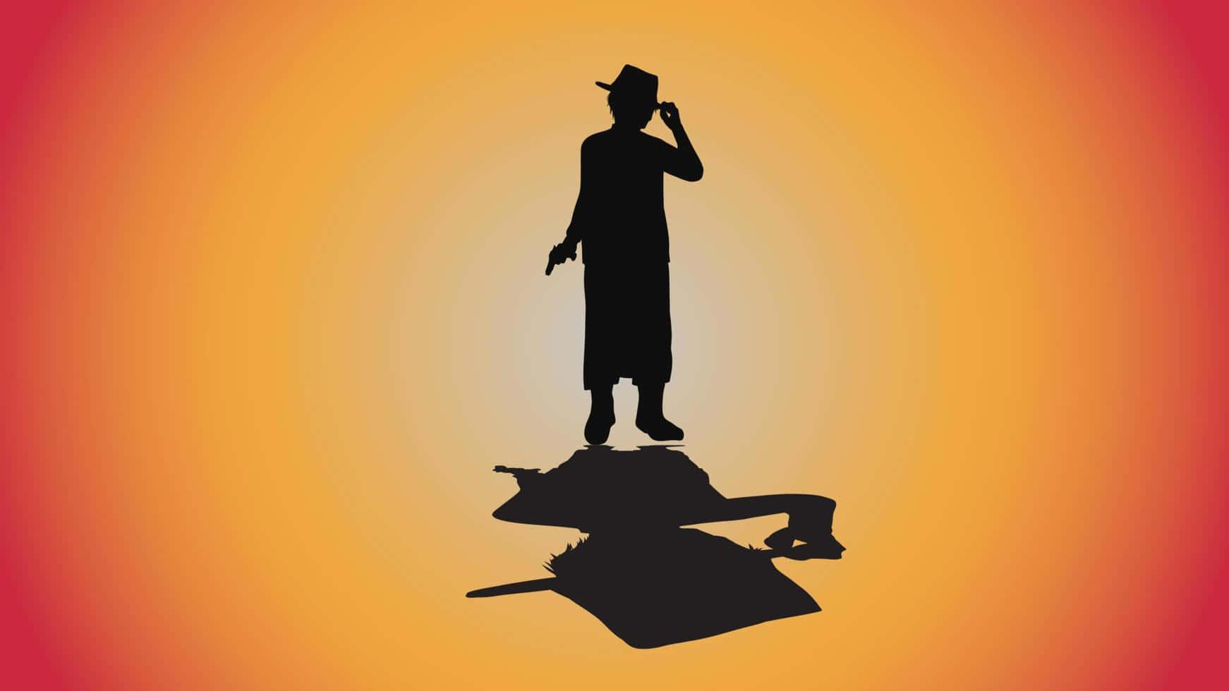 Detective 桌布 壁紙 — 一個戴著紳士帽的男人站在坦克陰影上的剪影，背景是溫暖漸變的日落天空。