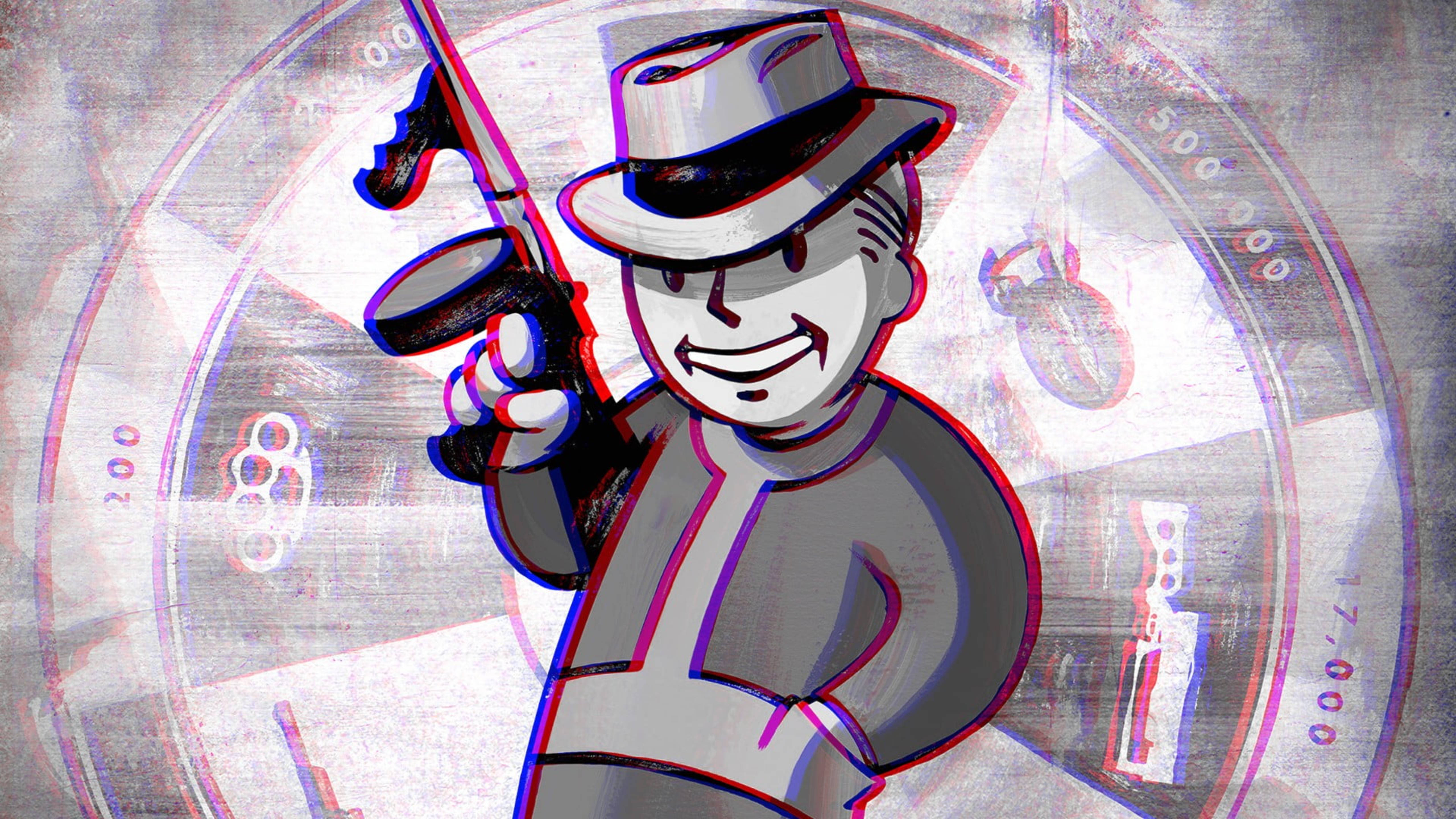 Fallout 4 桌布 壁紙 — 一個戴著紳士帽的風格化卡通男人，在充滿數字和符號的故障背景中持槍。
