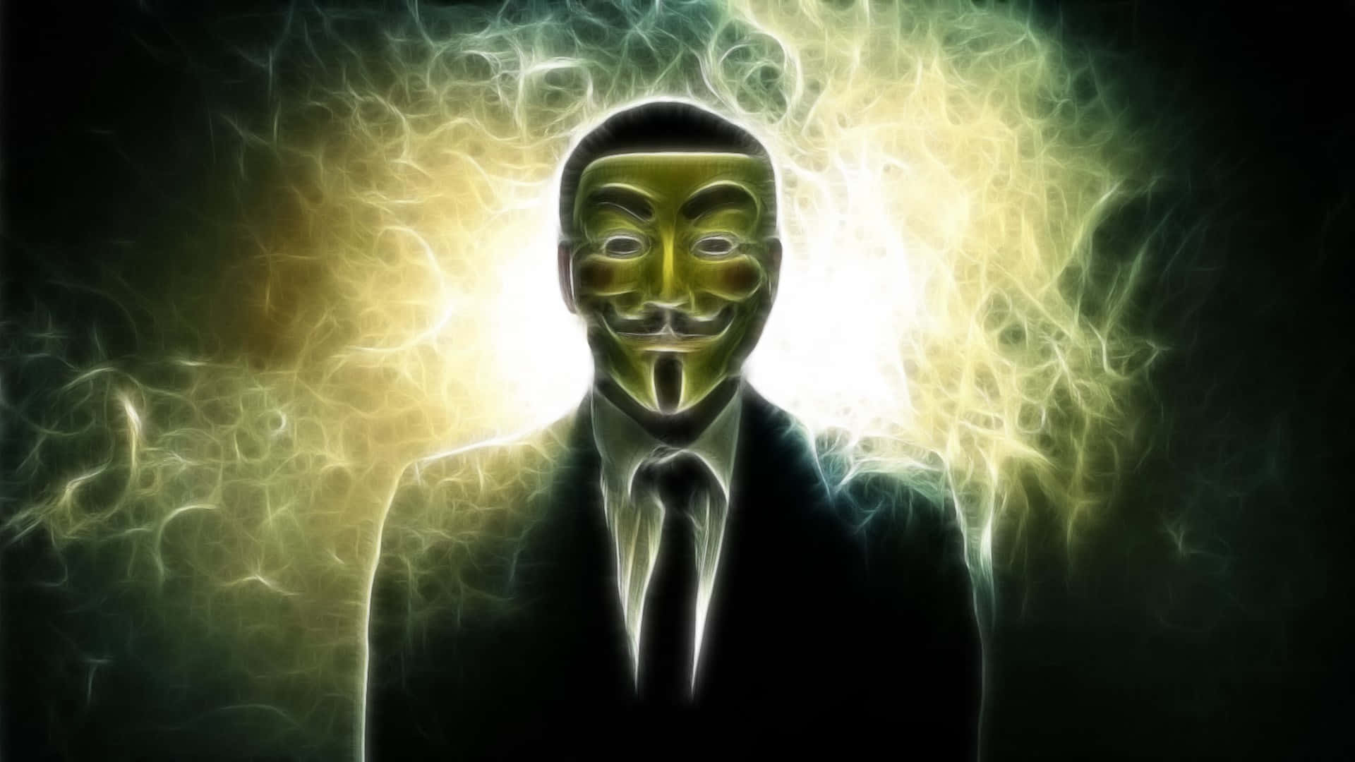Anonymous 桌布 壁紙 — 一個戴著綠色 Guy Fawkes 面具和穿著綠色西裝的人物，在黑暗背景下被發光的黃色能量照亮。