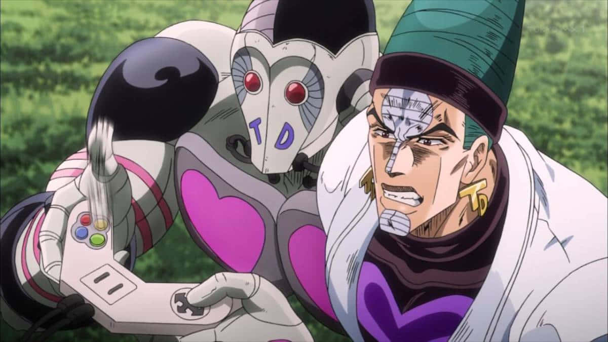 Jojo's Bizarre Adventure Atum 桌布 壁紙 — 一個戴著綠色帽子和白色外套的動漫角色，與一個有粉紅色心和紅色眼睛的機械人同伴一起玩遊戲控制器。