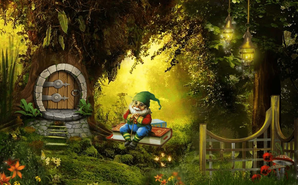 Enchanted Forest 桌布 壁紙 — 一個戴著綠色帽子的快樂地精坐在一本書上，靠近發光魔法森林中的樹屋門。