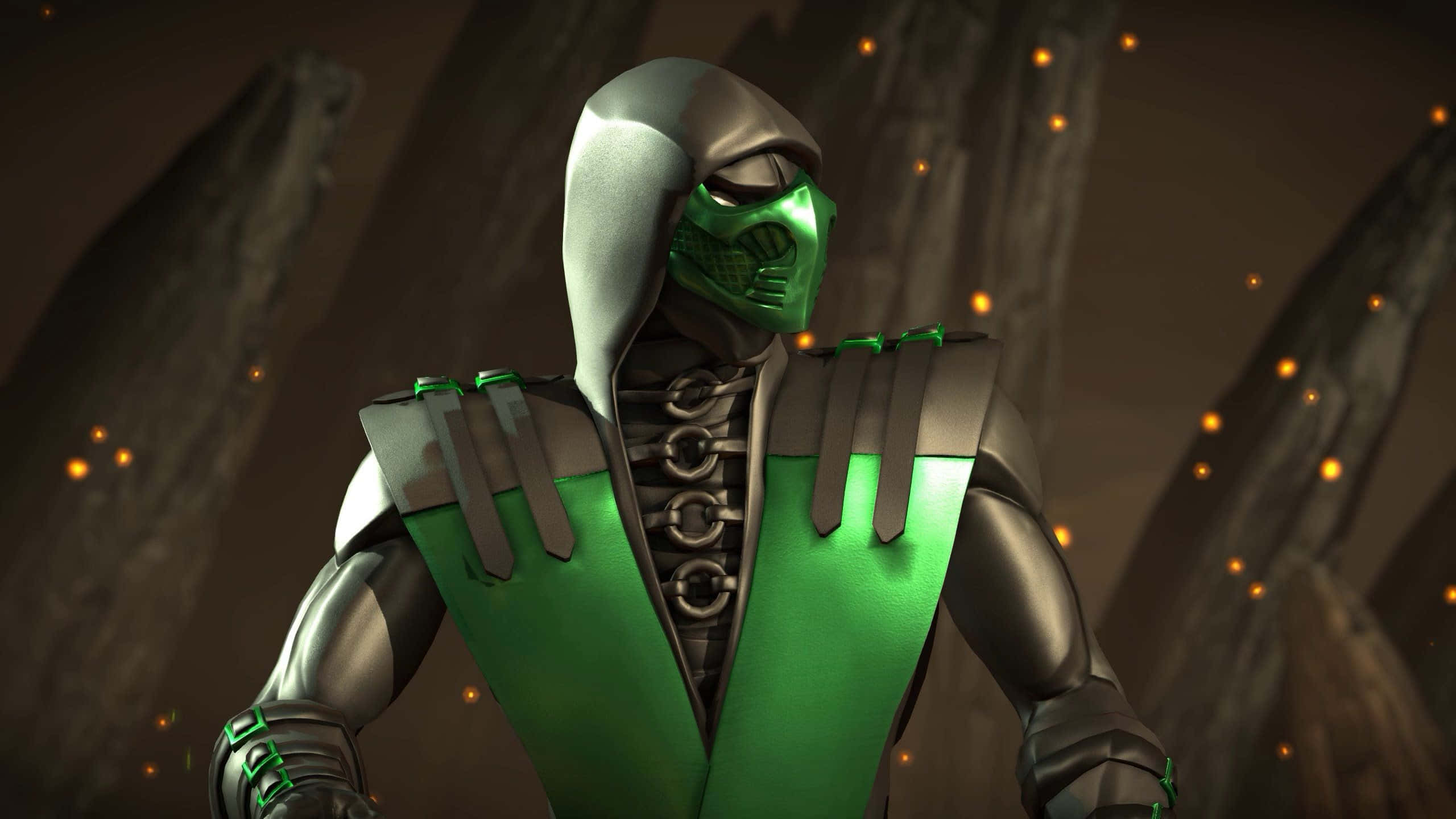 Mortal Kombat Reptile 桌布 壁紙 — 一個戴著綠色面具、身穿金屬盔甲的威脅性戰士，站在一個黑暗的洞穴中，周圍漂浮著發光的餘燼。