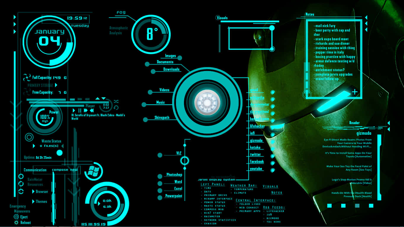 Iron Man Technology 桌布 壁紙 — 一個戴著綠色頭盔的未來主義人物側面，背景為深色，上面覆蓋著發光的青綠色全息界面面板，顯示數據和筆記。